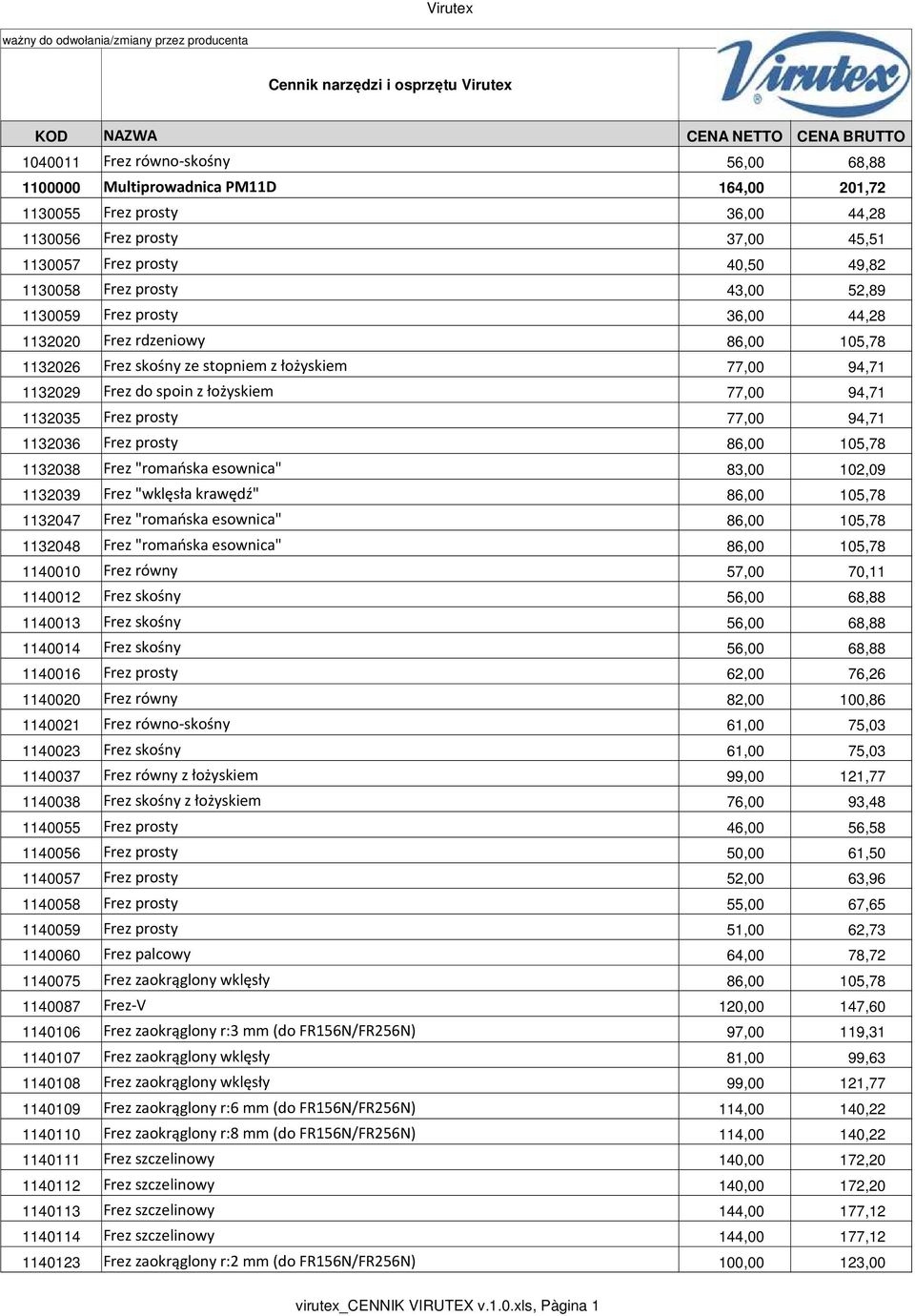 77,00 94,71 1132029 Frez do spoin z łożyskiem 77,00 94,71 1132035 Frez prosty 77,00 94,71 1132036 Frez prosty 86,00 105,78 1132038 Frez "romańska esownica" 83,00 102,09 1132039 Frez "wklęsła krawędź"