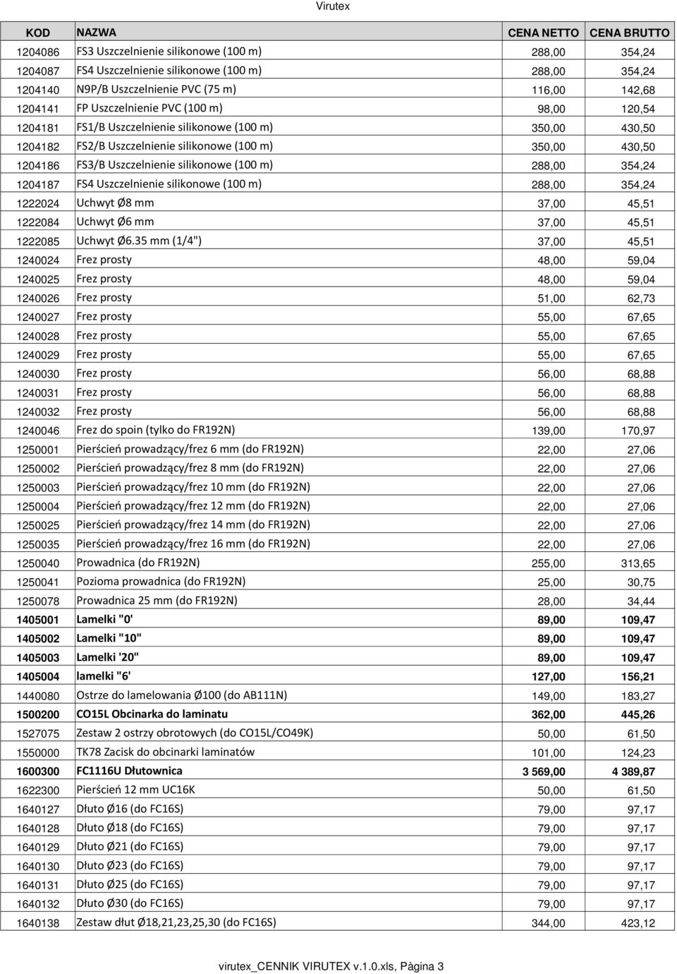 354,24 1204187 FS4 Uszczelnienie silikonowe (100 m) 288,00 354,24 1222024 Uchwyt Ø8 mm 37,00 45,51 1222084 Uchwyt Ø6 mm 37,00 45,51 1222085 Uchwyt Ø6.