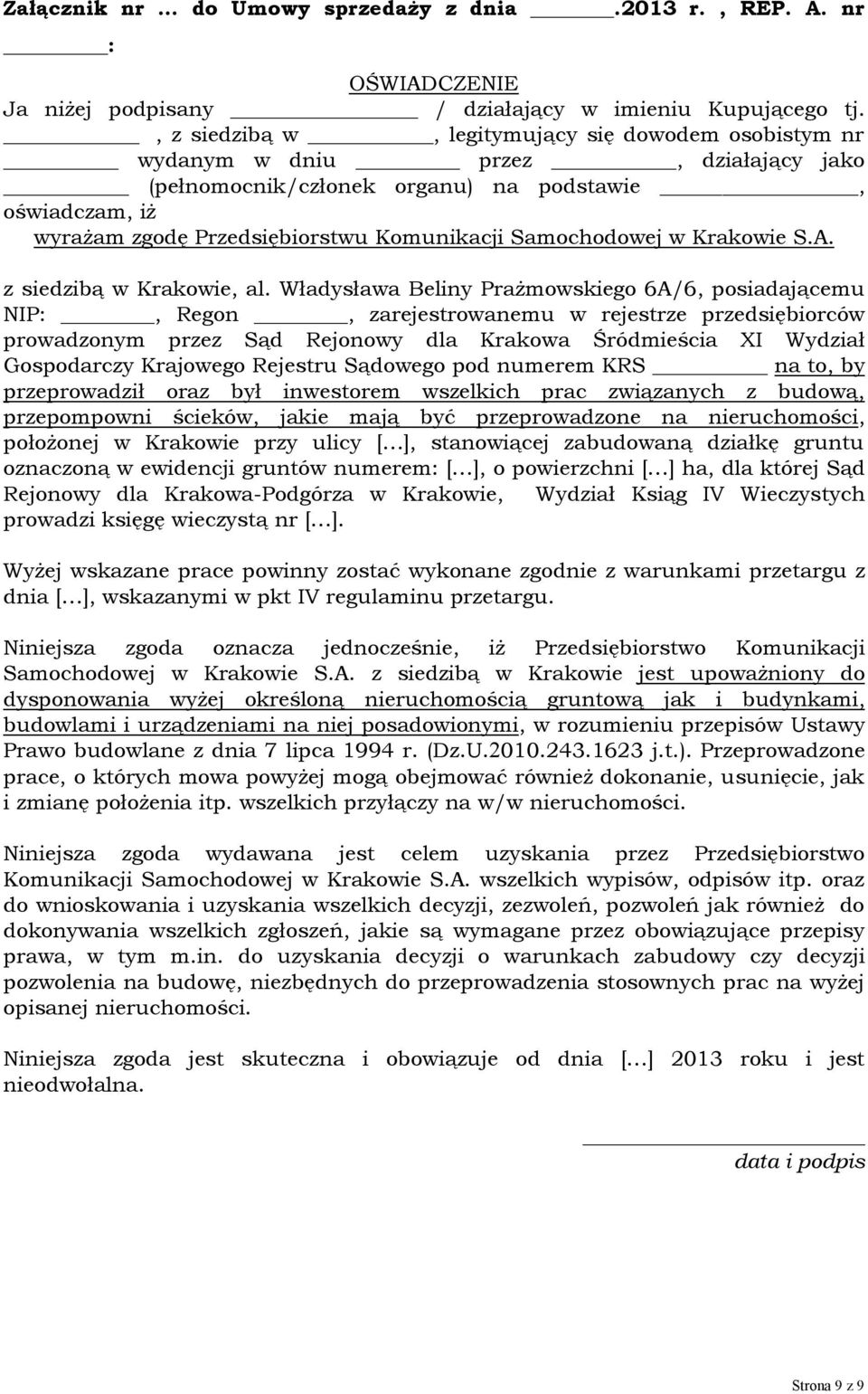 Samochodowej w Krakowie S.A. z siedzibą w Krakowie, al.