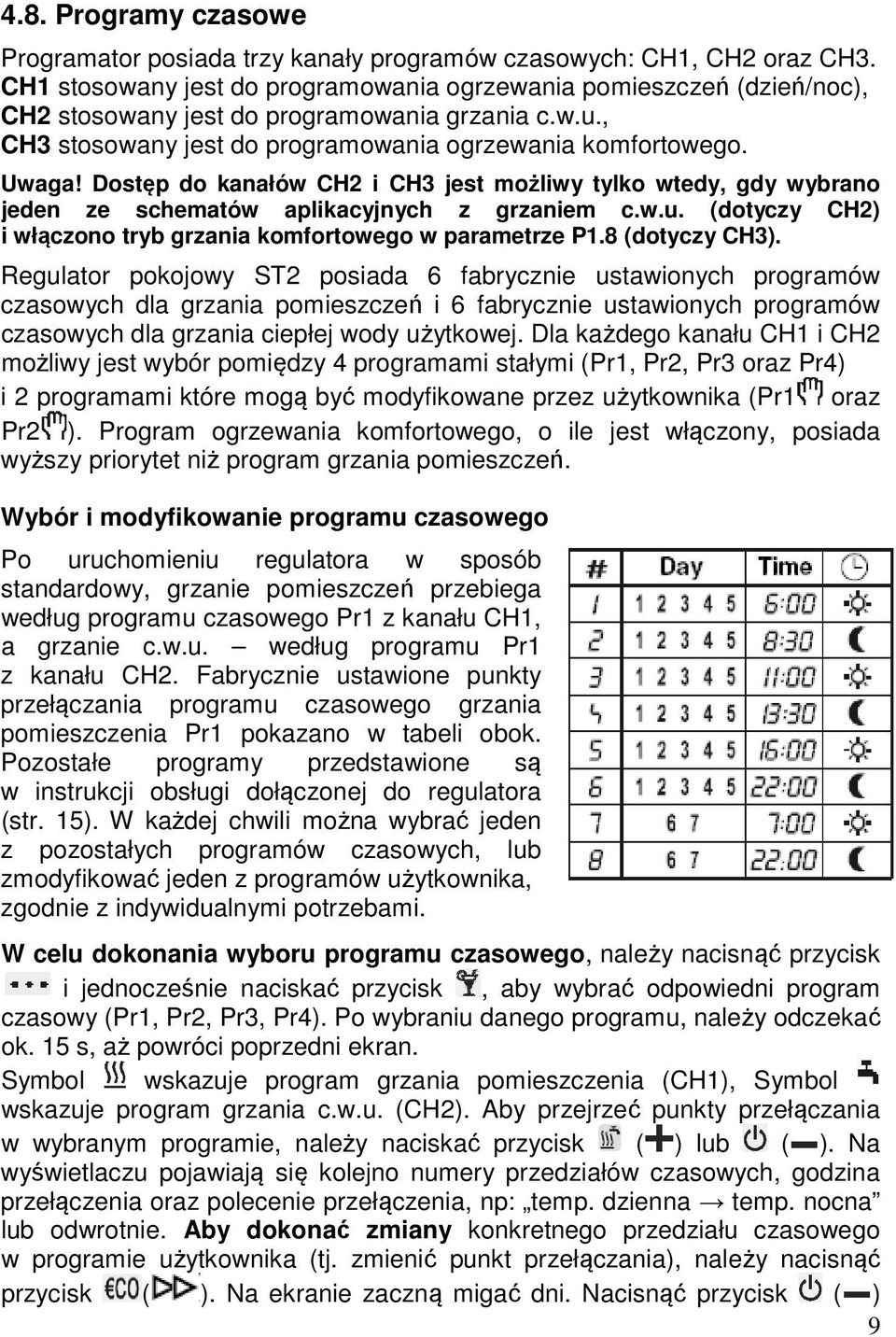 Dostęp do kanałów CH2 i CH3 jest możliwy tylko wtedy, gdy wybrano jeden ze schematów aplikacyjnych z grzaniem c.w.u. (dotyczy CH2) i włączono tryb grzania komfortowego w parametrze P1.8 (dotyczy CH3).