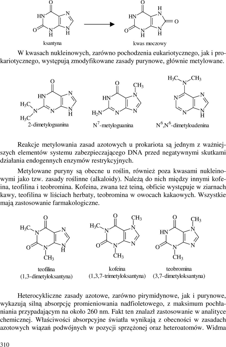 zabezpieczającego DA przed negatywnymi skutkami działania endogennych enzymów restrykcyjnych. Metylowane puryny są obecne u roślin, równieŝ poza kwasami nukleinowymi jako tzw.