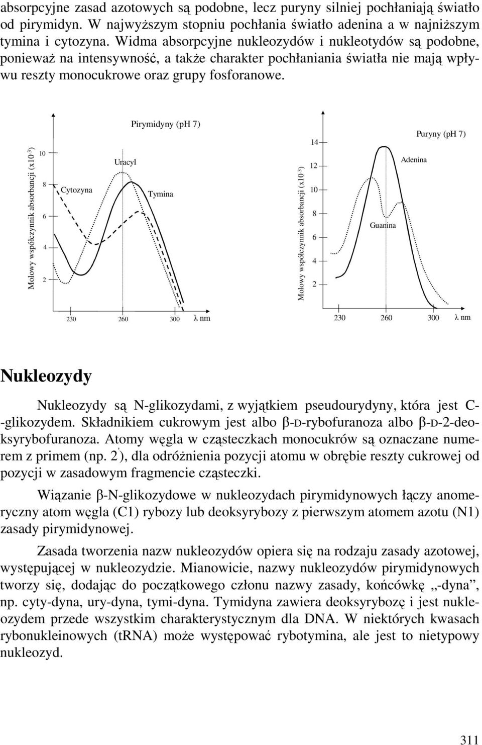 Molowy współczynnik absorbancji (x10-3 ) 10 8 6 4 2 Cytozyna Uracyl irymidyny (p 7) Tymina Molowy współczynnik absorbancji (x10-3 ) 14 12 10 8 6 4 2 Guanina Adenina uryny (p 7) 230 260 300 λ nm 230