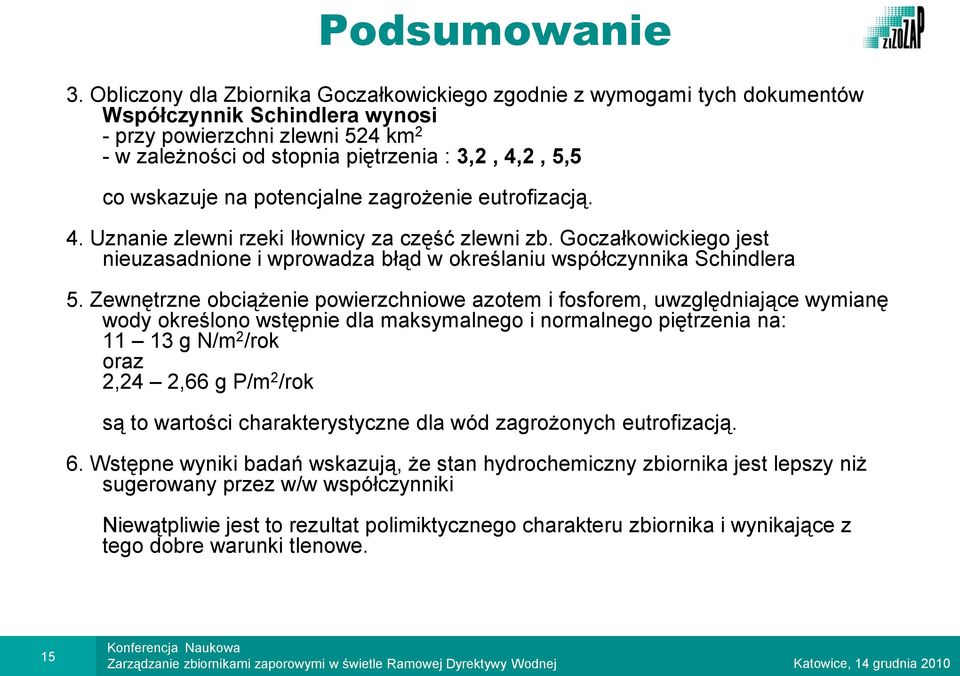 wskazuje na potencjalne zagrożenie eutrofizacją. 4. Uznanie zlewni rzeki Iłownicy za część zlewni zb. Goczałkowickiego jest nieuzasadnione i wprowadza błąd w określaniu współczynnika Schindlera 5.