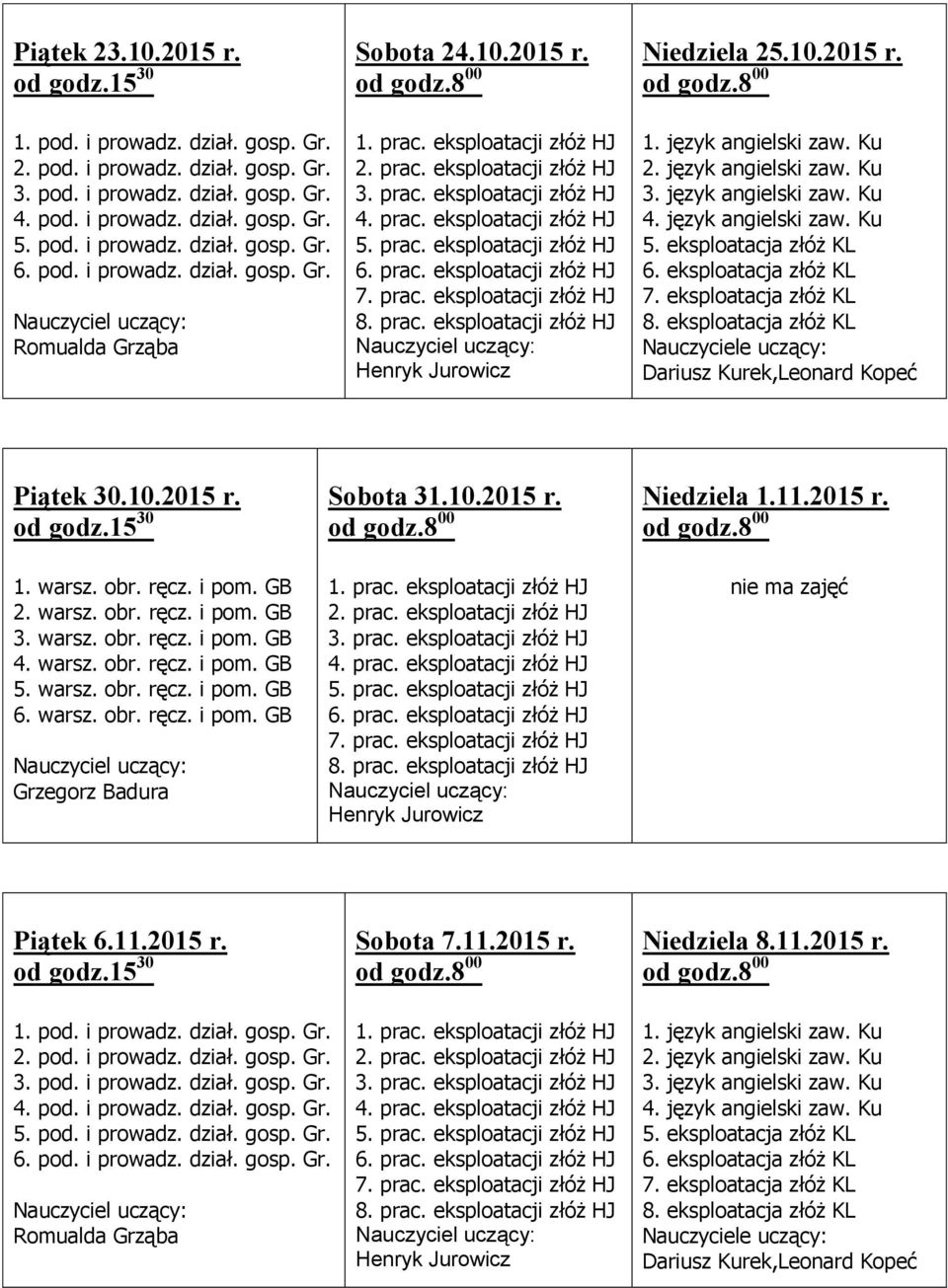 2015 r. nie ma zajęć Piątek 6.11.2015 r. Sobota 7.11.2015 r. Niedziela 8.11.2015 r. 2. pod. i prowadz. dział.