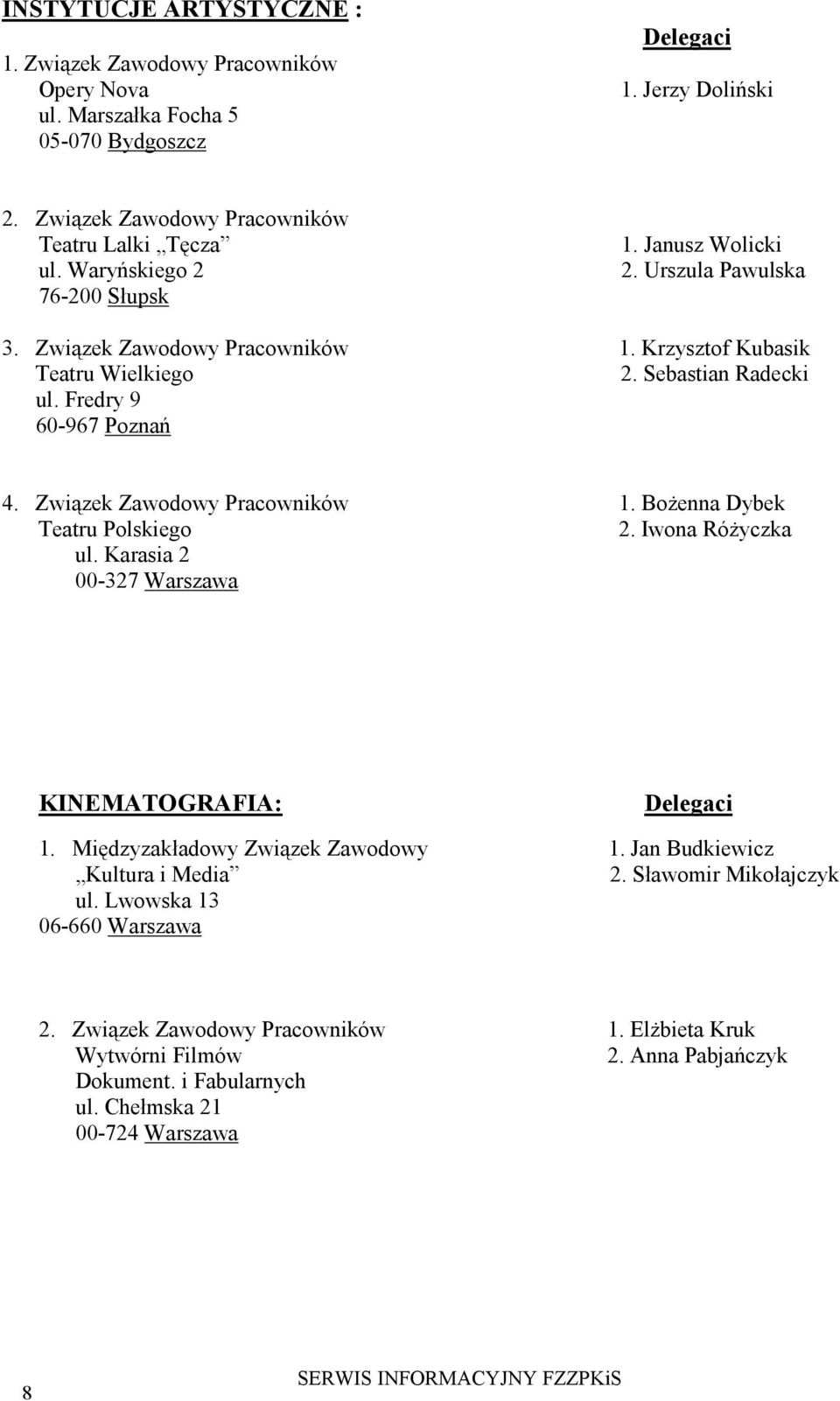 Związek Zawodowy Pracowników 1. BoŜenna Dybek Teatru Polskiego 2. Iwona RóŜyczka ul. Karasia 2 00-327 Warszawa KINEMATOGRAFIA: Delegaci 1. Międzyzakładowy Związek Zawodowy 1.