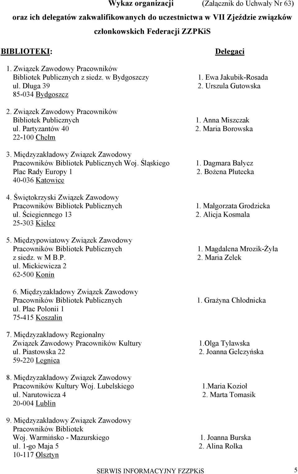 Międzyzakładowy Związek Zawodowy Pracowników Bibliotek Publicznych Woj. Śląskiego Plac Rady Europy 1 40-036 Katowice 4. Świętokrzyski Związek Zawodowy Pracowników Bibliotek Publicznych ul.