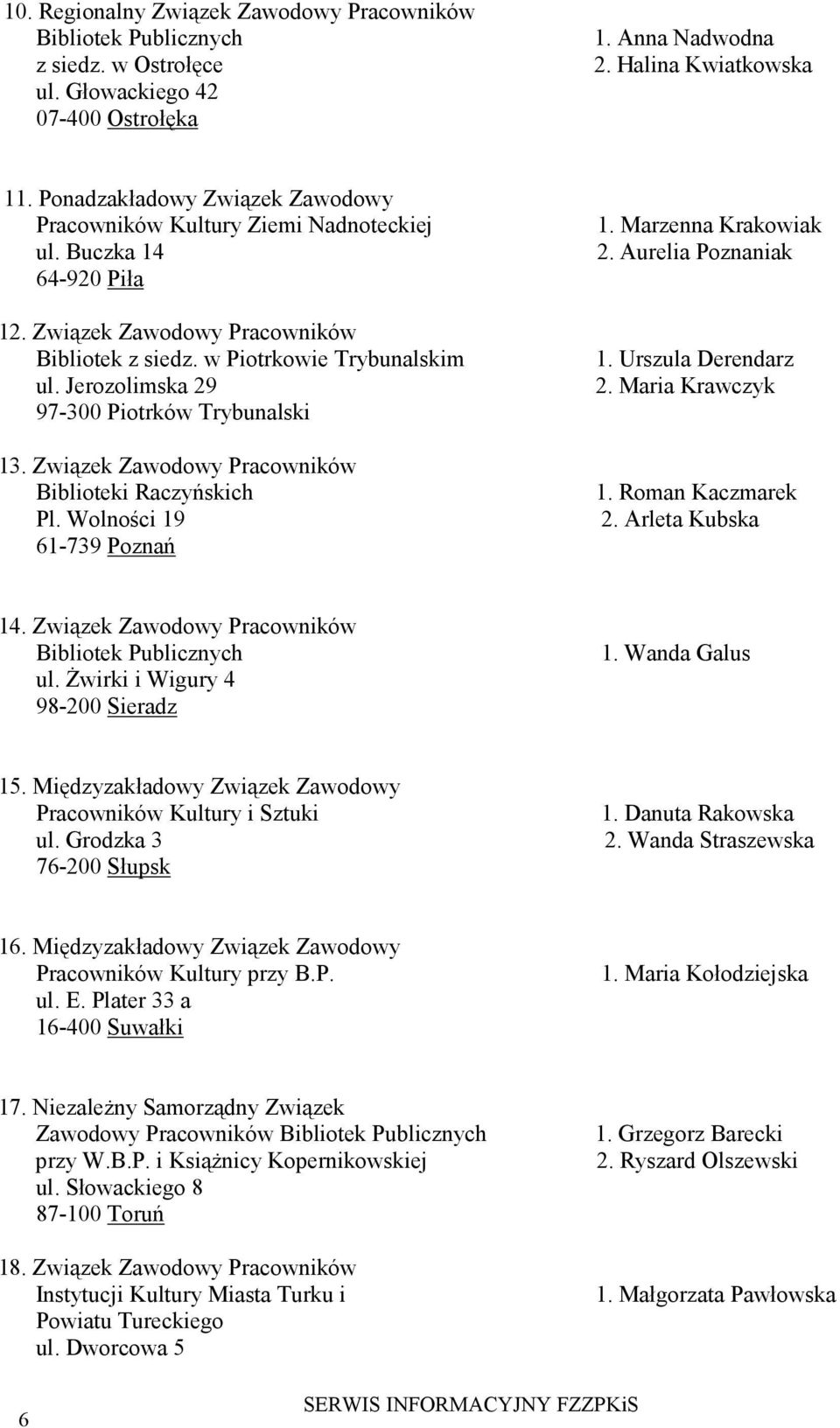 Jerozolimska 29 97-300 Piotrków Trybunalski 13. Związek Zawodowy Pracowników Biblioteki Raczyńskich Pl. Wolności 19 61-739 Poznań 1. Marzenna Krakowiak 2. Aurelia Poznaniak 1. Urszula Derendarz 2.