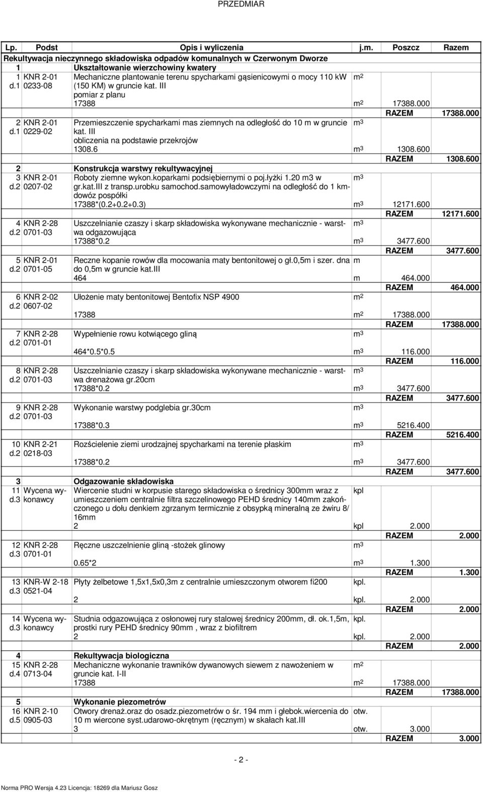 Przemieszczenie spycharkami mas ziemnych na odległość do 1 m w gruncie m 3 kat. III obliczenia na podstawie przekrojów 138.6 m 3 138.6 RAZEM 138.6 2 Konstrukcja warstwy rekultywacyjnej 3 KNR 2-1 d.