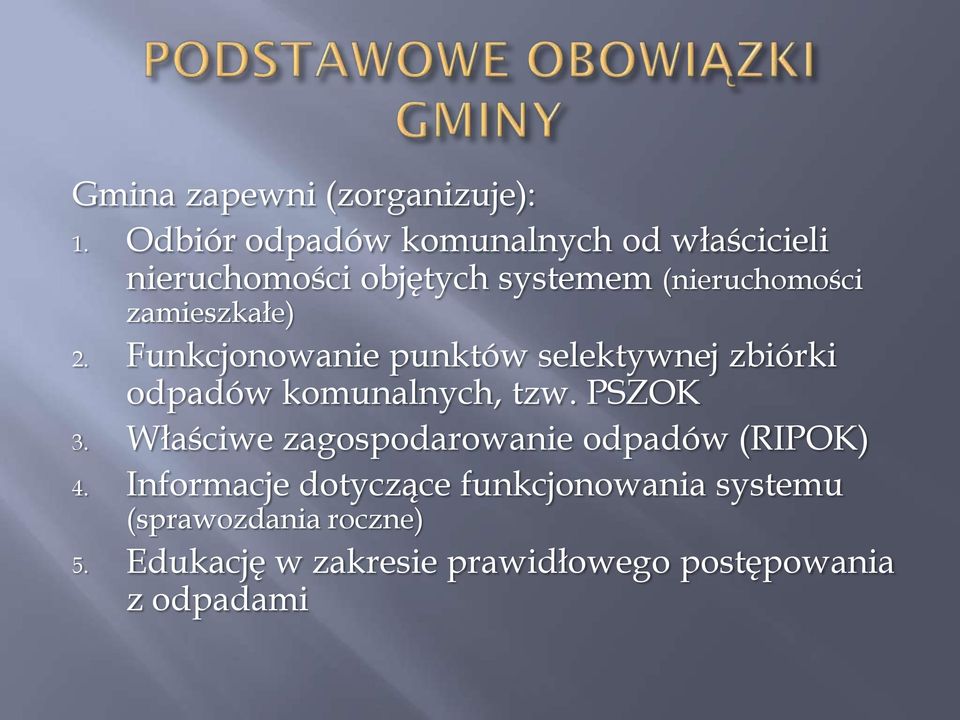 zamieszkałe) 2. Funkcjonowanie punktów selektywnej zbiórki odpadów komunalnych, tzw. PSZOK 3.