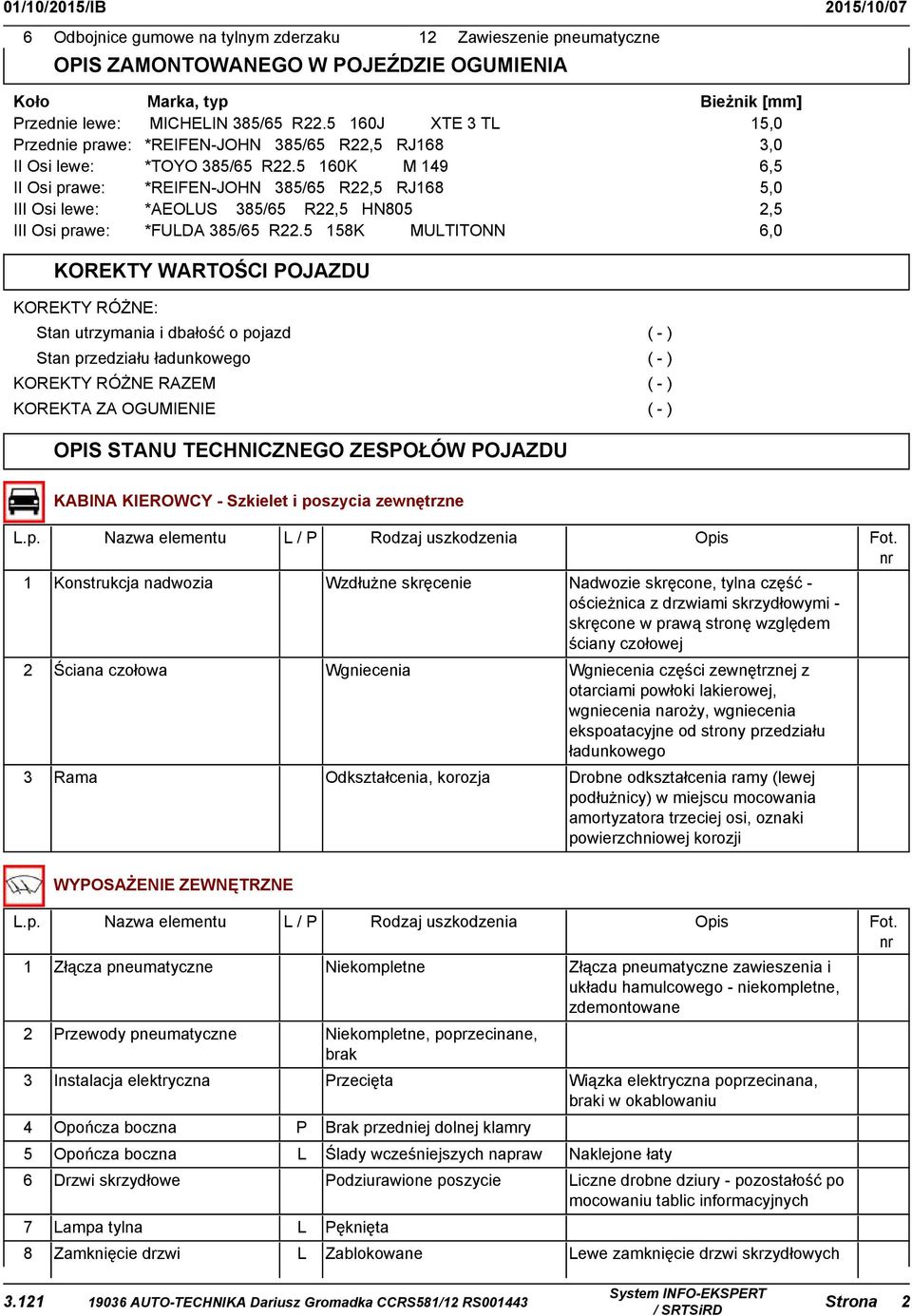 8K MUTITONN Bieżnik [mm],0,0,,0,,0 KOREKTY WARTOŚCI POJAZDU KOREKTY RÓŻNE: Stan utrzymania i dbałość o pojazd Stan przedziału ładunkowego KOREKTY RÓŻNE RAZEM KOREKTA ZA OGUMIENIE OPIS STANU