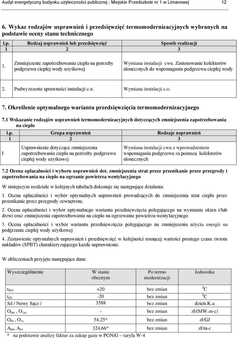 Zmniejszenie zapotrzebowania ciepła na potrzeby podgrzewu ciepłej wody użytkowej Wymiana instalacji cwu. Zastosowanie kolektorów słonecznych do wspomagania podgrzewu ciepłej wody 2.