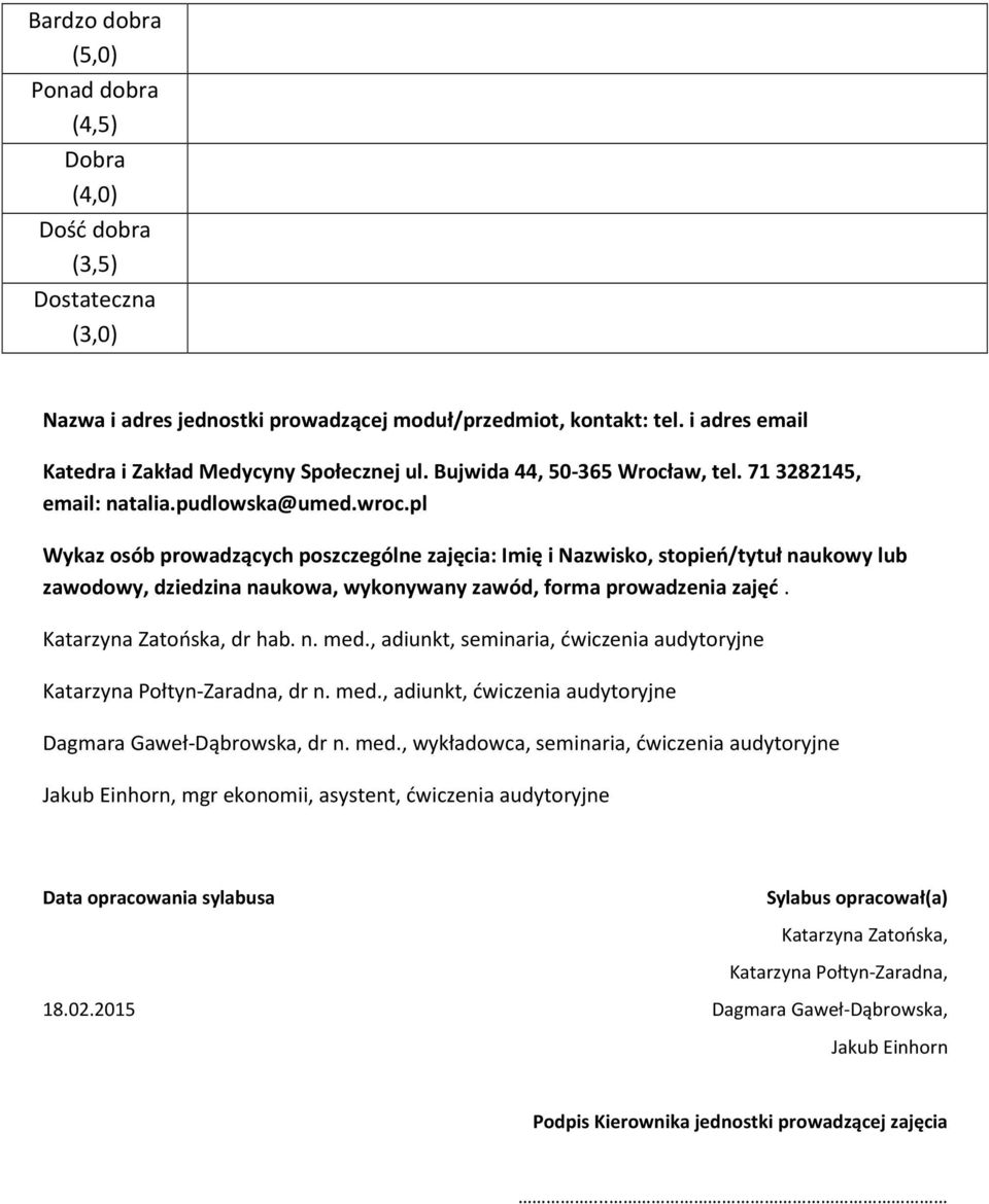 pl Wykaz osób prowadzących poszczególne zajęcia: Imię i Nazwisko, stopień/tytuł naukowy lub zawodowy, dziedzina naukowa, wykonywany zawód, forma prowadzenia zajęć. Katarzyna Zatońska, dr hab. n. med.