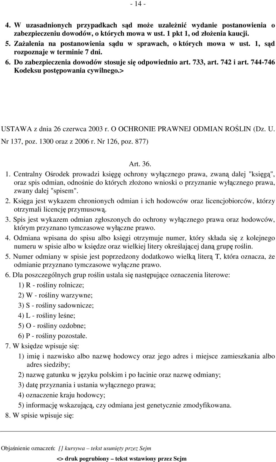 744-746 Kodeksu postępowania cywilnego.> USTAWA z dnia 26 czerwca 2003 r. O OCHRONIE PRAWNEJ ODMIAN ROŚLIN (Dz. U. Nr 13