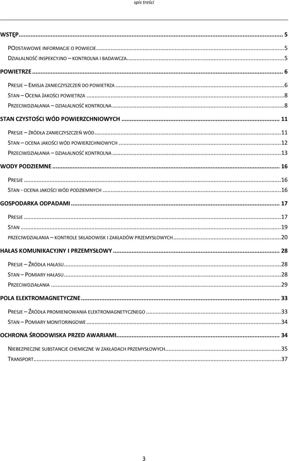 .. 12 PRZECIWDZIAŁANIA DZIAŁALNOŚD KONTROLNA... 13 WODY PODZIEMNE... 16 PRESJE... 16 STAN - OCENA JAKOŚCI WÓD PODZIEMNYCH... 16 GOSPODARKA ODPADAMI... 17 PRESJE... 17 STAN.