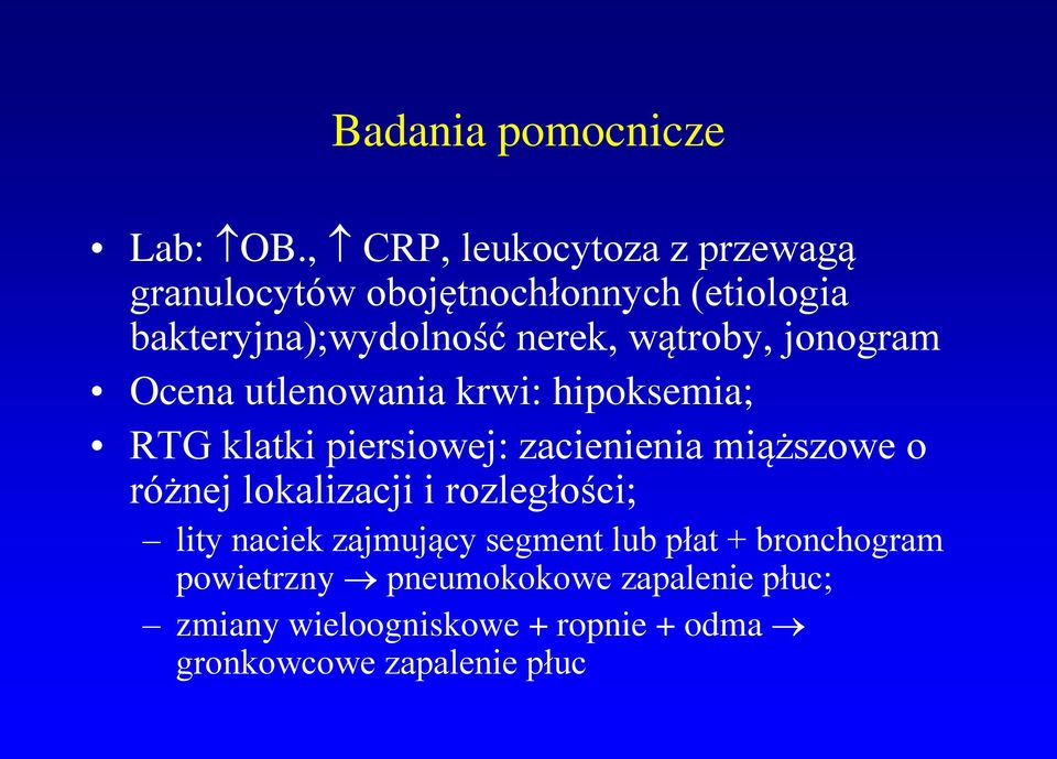 wątroby, jonogram Ocena utlenowania krwi: hipoksemia; RTG klatki piersiowej: zacienienia miąższowe o