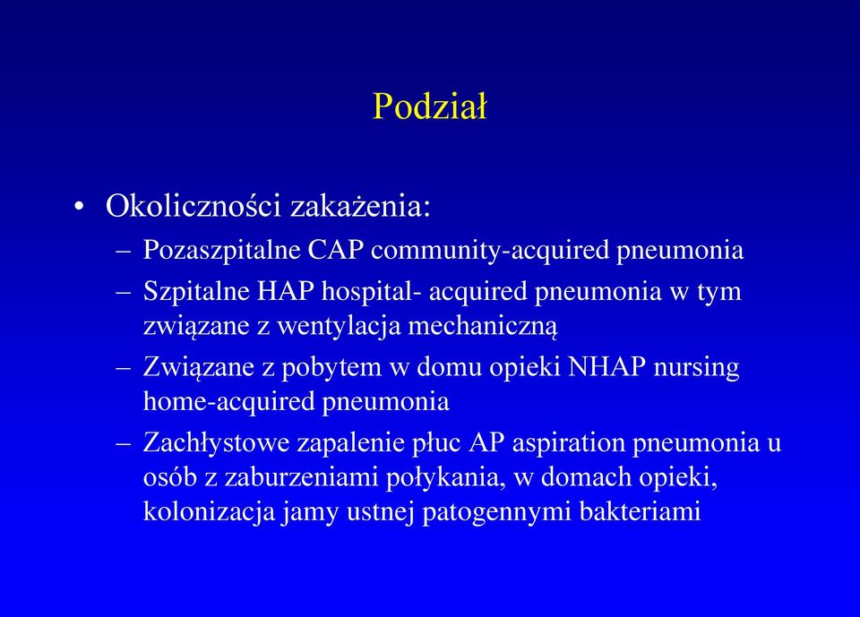 opieki NHAP nursing home-acquired pneumonia Zachłystowe zapalenie płuc AP aspiration pneumonia