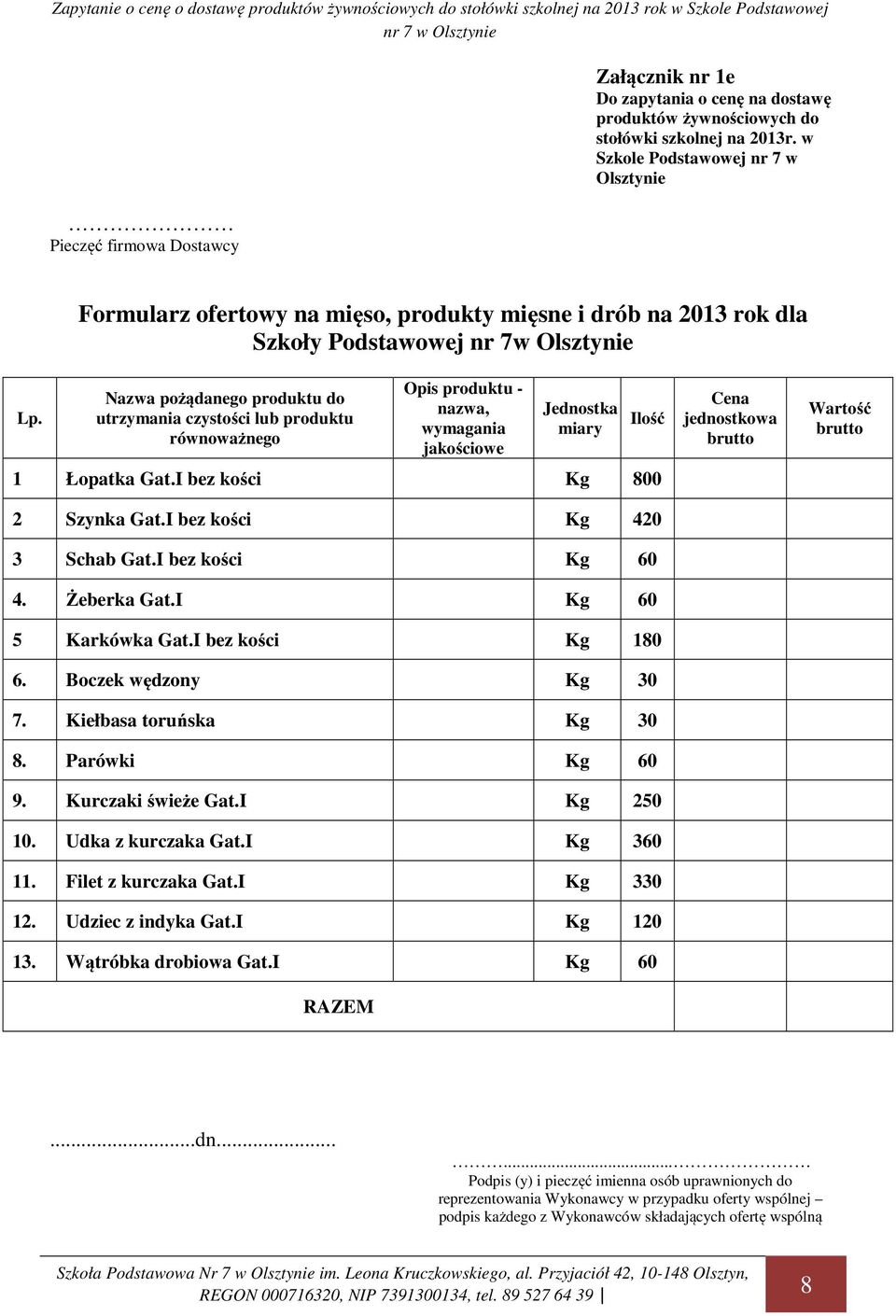 I bez kości Kg 180 6. Boczek wędzony Kg 30 7. Kiełbasa toruńska Kg 30 8. Parówki Kg 60 9. Kurczaki świeże Gat.I Kg 250 10.