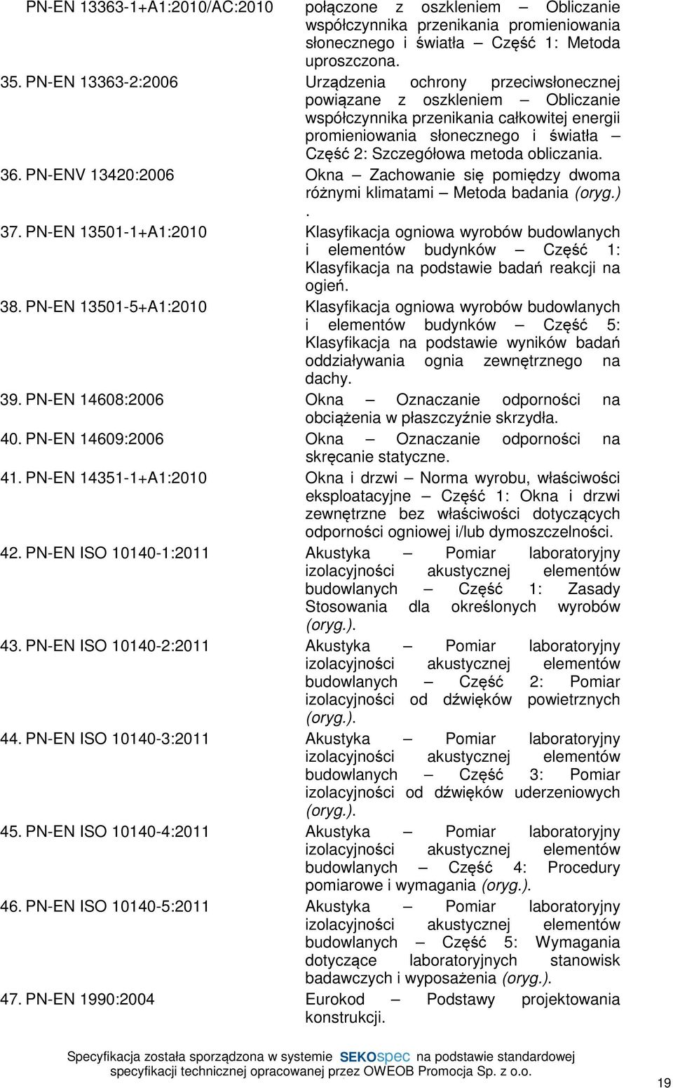 obliczania. 36. PN-ENV 13420:2006 Okna Zachowanie się pomiędzy dwoma różnymi klimatami Metoda badania (oryg.). 37.