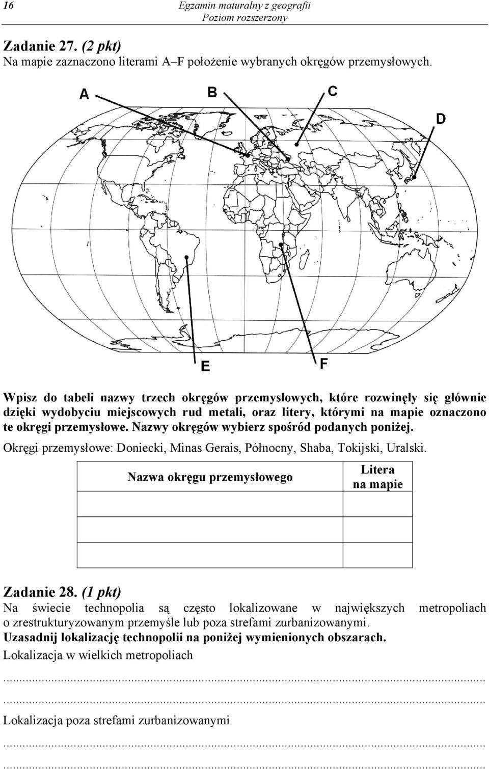 Nazwy okręgów wybierz spośród podanych poniżej. Okręgi przemysłowe: Doniecki, Minas Gerais, Północny, Shaba, Tokijski, Uralski. Nazwa okręgu przemysłowego Litera na mapie Zadanie 28.