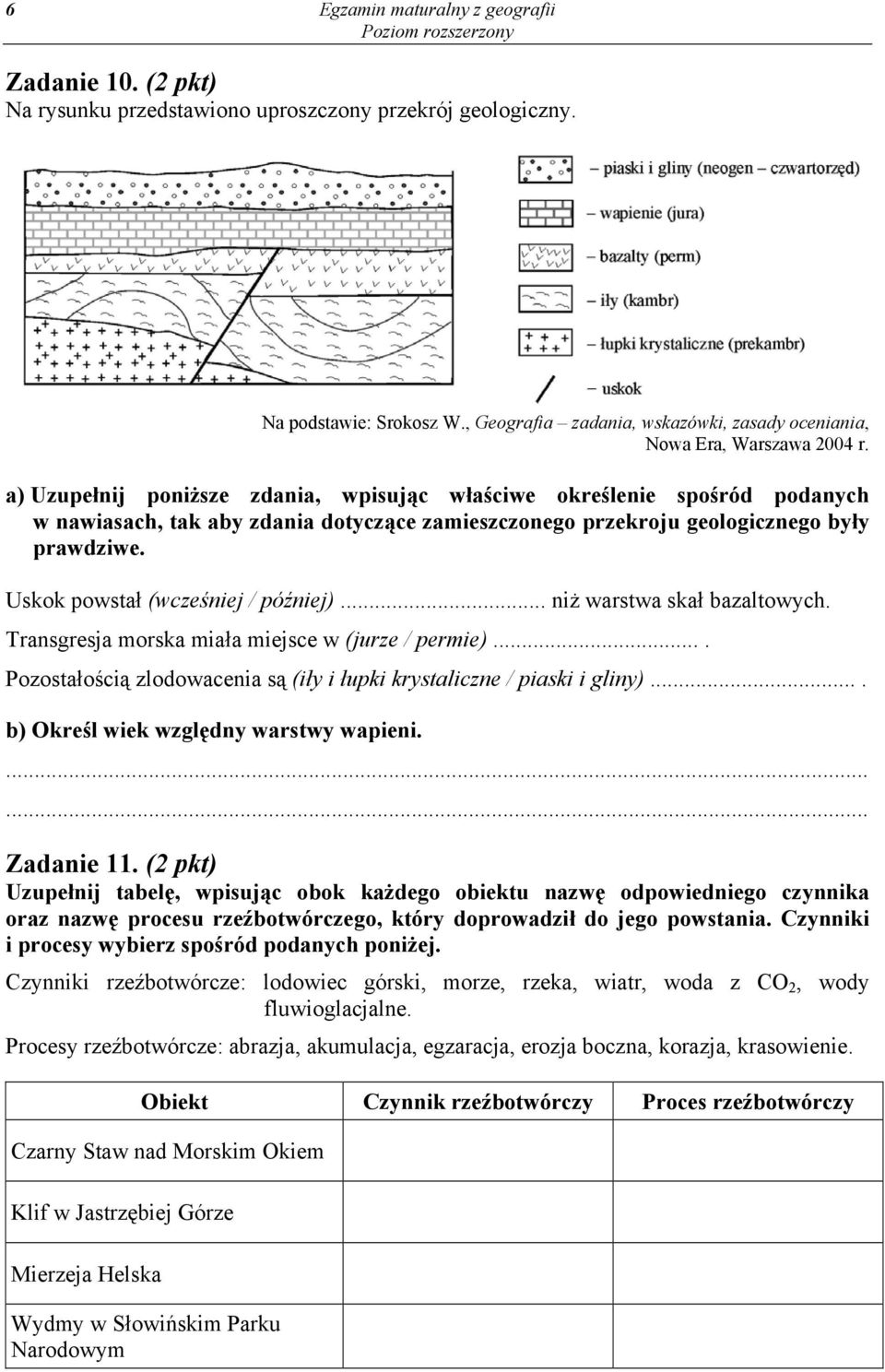 a) Uzupełnij poniższe zdania, wpisując właściwe określenie spośród podanych w nawiasach, tak aby zdania dotyczące zamieszczonego przekroju geologicznego były prawdziwe.