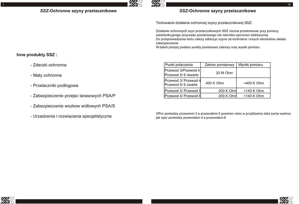 produkty SSZ : - Zderzki ochronne - Maty ochronne - Przelaczniki podlogowe - Zabezpieczenie przejsc tarasowych PSA/P Punkt polaczenia Zakres pomiarowy Wyniki pomiaru W Przewod 3/Przewod 4 Przewod 5/