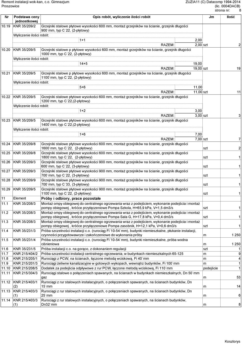 21 KNR 35/209/5 Grzejniki stalowe p płytowe wysokości 600 mm, montaż grzejników na ścianie, grzejnik długości 1100 mm, typ C 22, (2-płytowy) 5+6 11,00 RAZEM: 11,00 1 10.