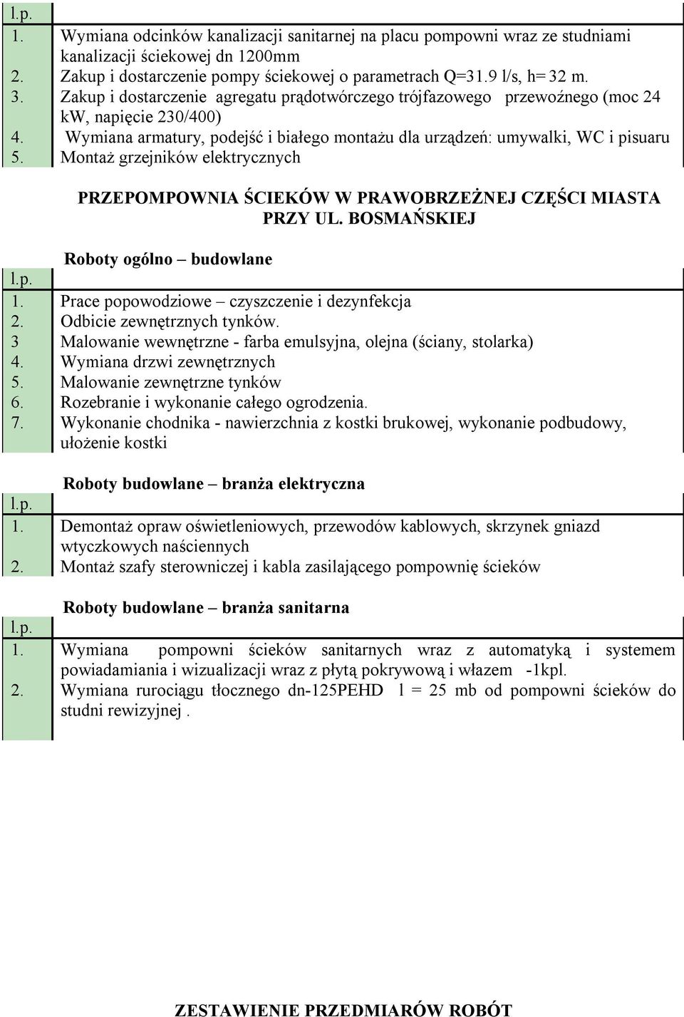 elektrycznych PRZEPOMPOWNIA ŚCIEKÓW W PRAWOBRZEŻNEJ CZĘŚCI MIASTA PRZY UL. BOSMAŃSKIEJ 3 6. 7. Roboty ogólno budowlane Prace popowodziowe czyszczenie i dezynfekcja Odbicie zewnętrznych tynków.