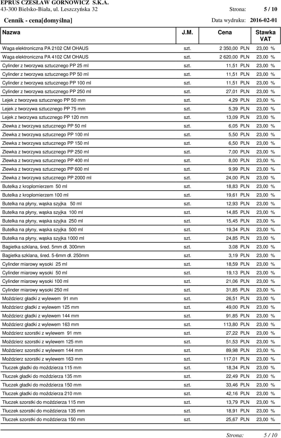 11,51 PLN 23,00 % Cylinder z tworzywa sztucznego PP 250 ml szt. 27,01 PLN 23,00 % Lejek z tworzywa sztucznego PP 50 mm szt. 4,29 PLN 23,00 % Lejek z tworzywa sztucznego PP 75 mm szt.