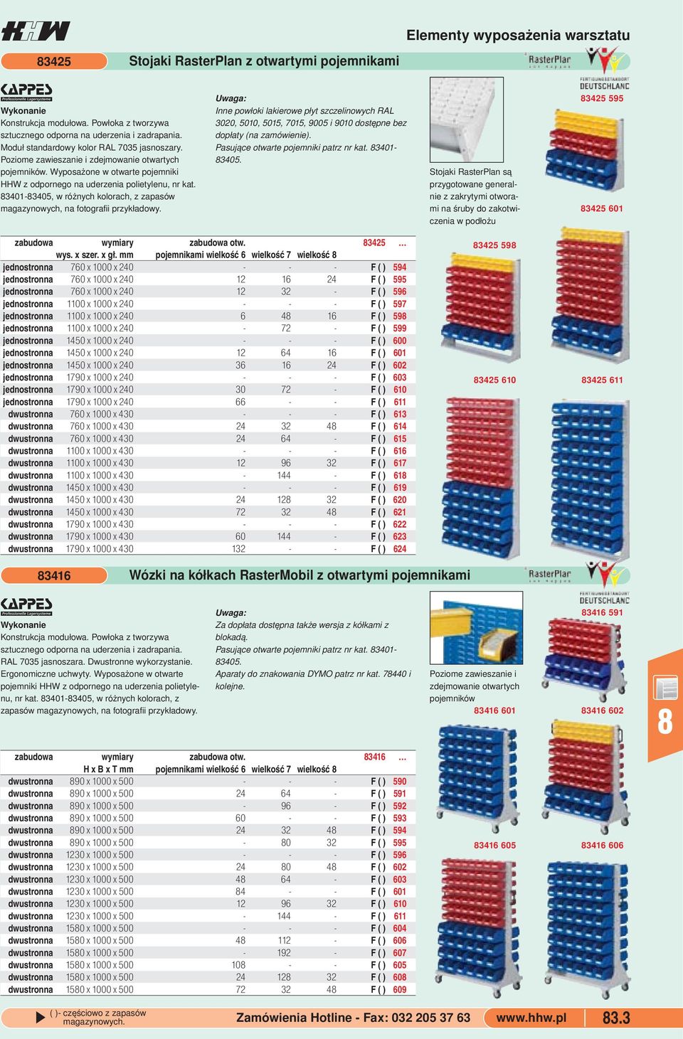 magazynowych, na fotografii przykładowy Inne powłoki lakierowe płyt szczelinowych RAL 3020, 5010, 5015, 7015, 9005 i 9010 dostępne bez dopłaty (na zamówienie) Pasujące otwarte pojemniki patrz nr kat