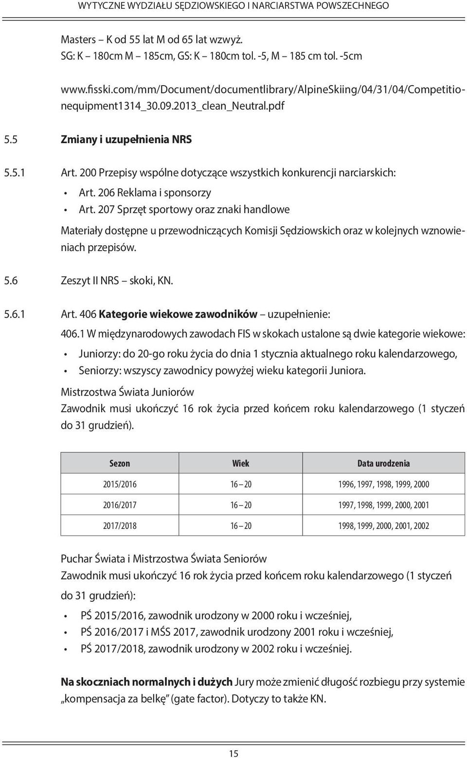 200 Przepisy wspólne dotyczące wszystkich konkurencji narciarskich: Art. 206 Reklama i sponsorzy Art.