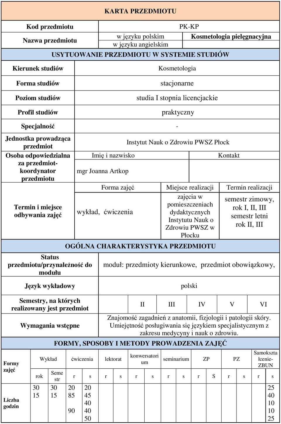 miejsce odbywania zajęć Status przedmiotu/przynależność do modułu Imię i nazwisko mgr Joanna Artkop Instytut Nauk o Zdrowiu PWSZ Płock Kontakt Forma zajęć Miejsce realizacji Termin realizacji zajęcia