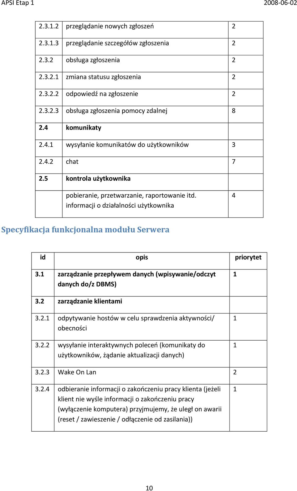 informacji o działalności użytkownika 4 Specyfikacja funkcjonalna modułu Serwera id opis priorytet 3.1 zarządzanie przepływem danych (wpisywanie/odczyt danych do/z DBMS) 1 3.2 zarządzanie klientami 3.