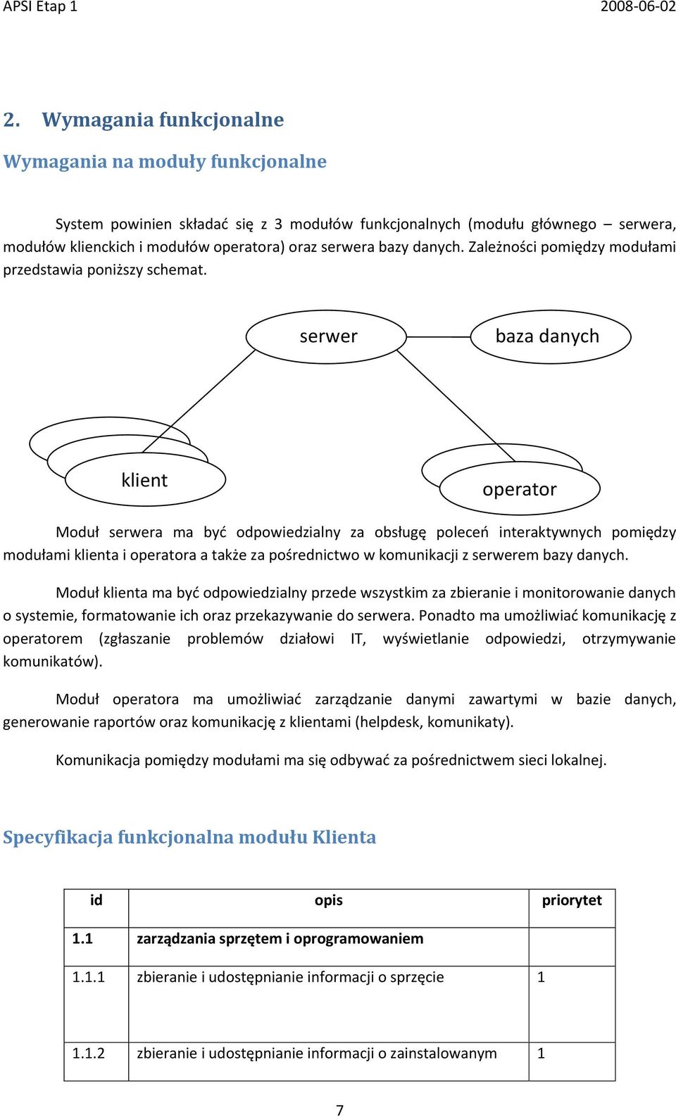 serwer baza danych klient operator Moduł serwera ma byd odpowiedzialny za obsługę poleceo interaktywnych pomiędzy modułami klienta i operatora a także za pośrednictwo w komunikacji z serwerem bazy