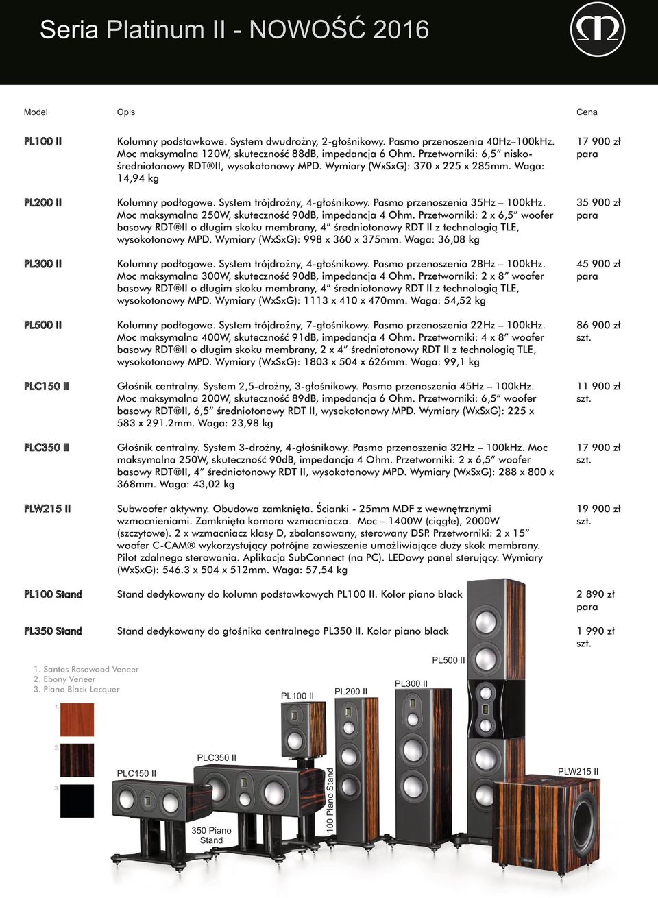 System trójdrożny, 4-głośnikowy. Pasmo przenoszenia 35Hz 100kHz. Moc maksymalna 250W, skuteczność 90dB, impedancja 4 Ohm.