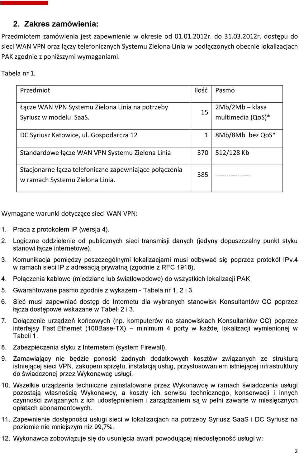 Przedmiot Ilość Pasmo Łącze WAN VPN Systemu Zielona Linia na potrzeby Syriusz w modelu SaaS. 15 2Mb/2Mb klasa multimedia (QoS)* DC Syriusz Katowice, ul.