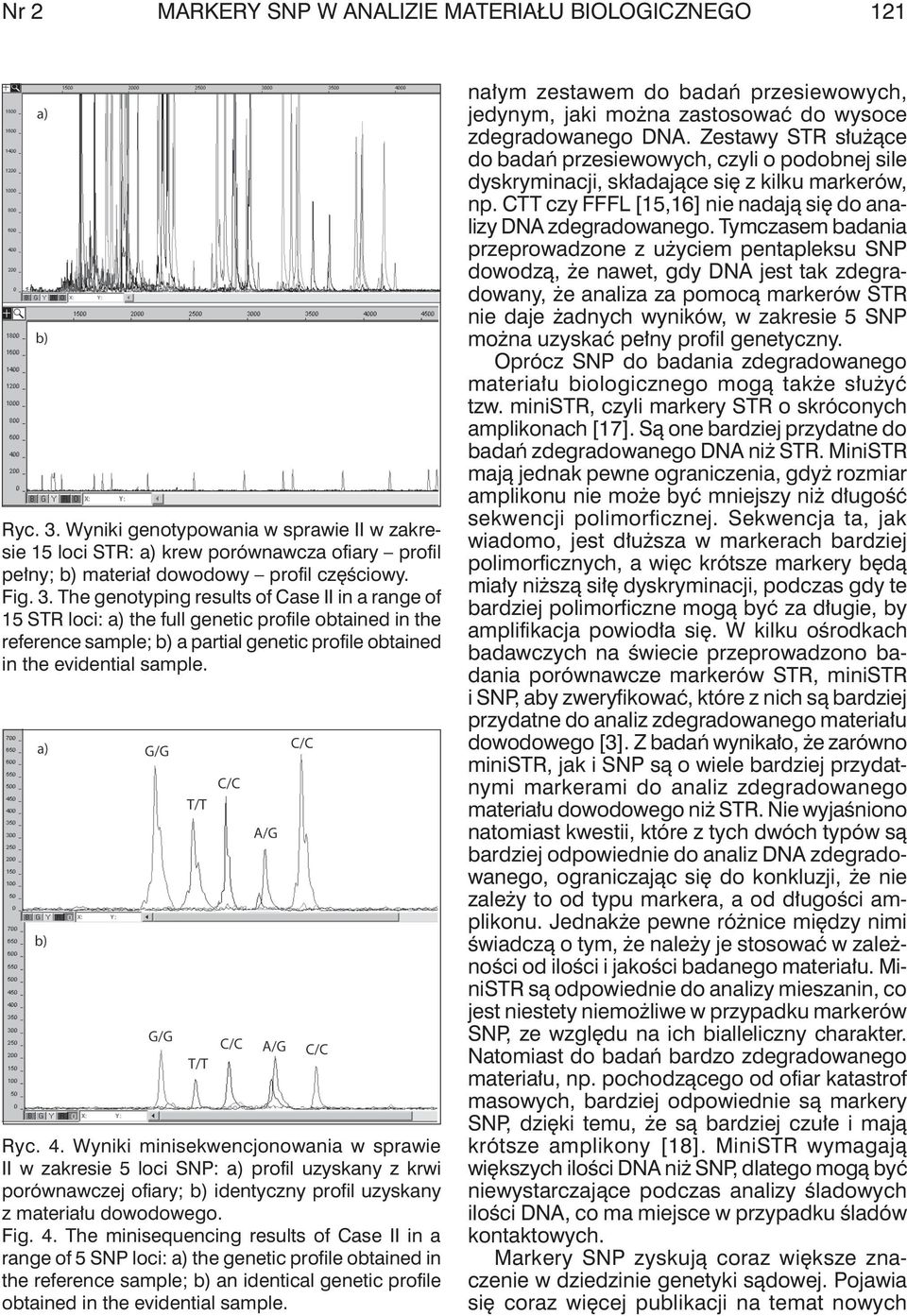 The genotyping results of Case II in a range of 15 STR loci: a) the full genetic profile obtained in the reference sample; b) a partial genetic profile obtained in the evidential sample. Ryc. 4.