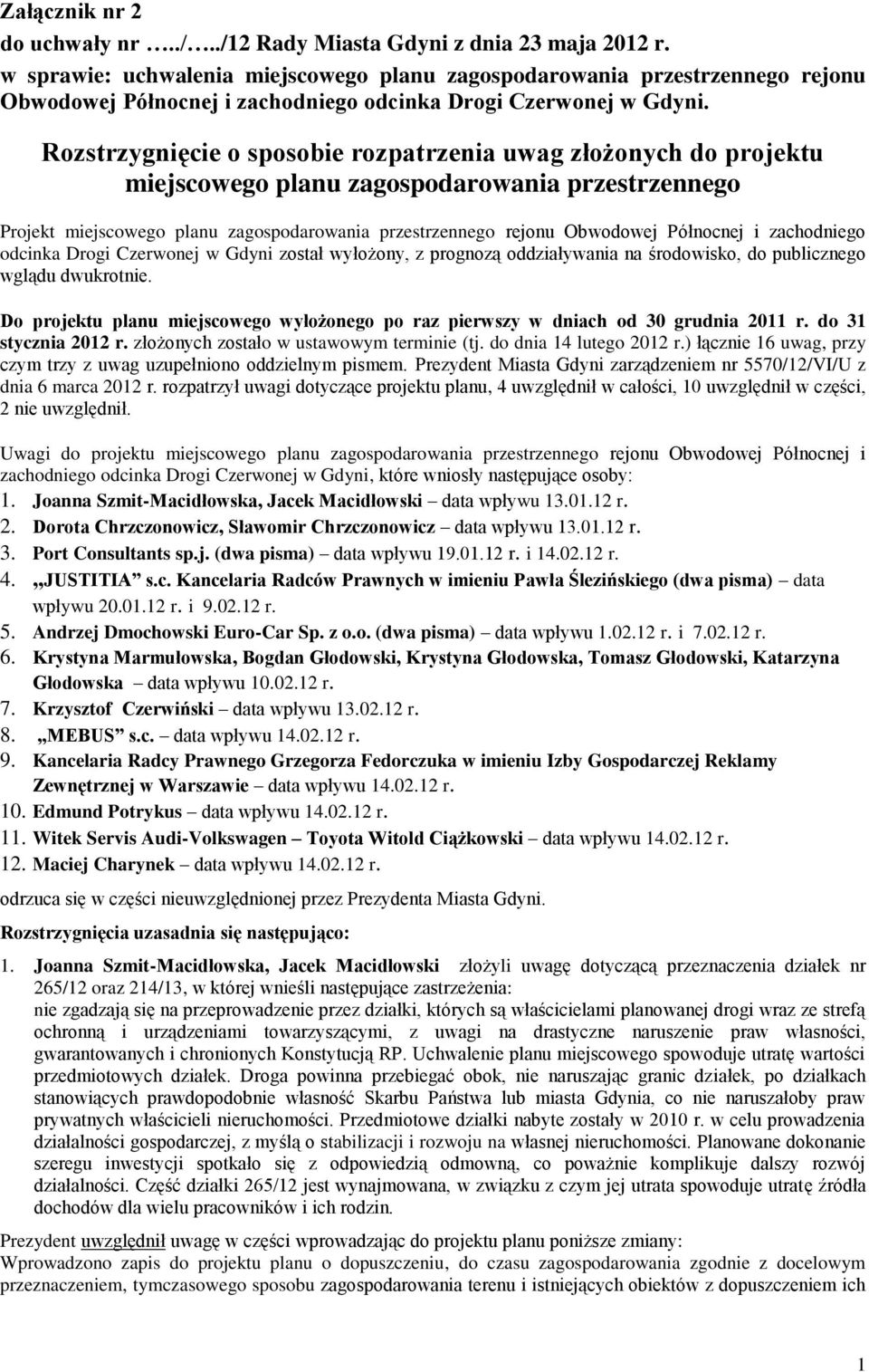 Rozstrzygnięcie o sposobie rozpatrzenia uwag złożonych do projektu miejscowego planu zagospodarowania przestrzennego Projekt miejscowego planu zagospodarowania przestrzennego rejonu Obwodowej