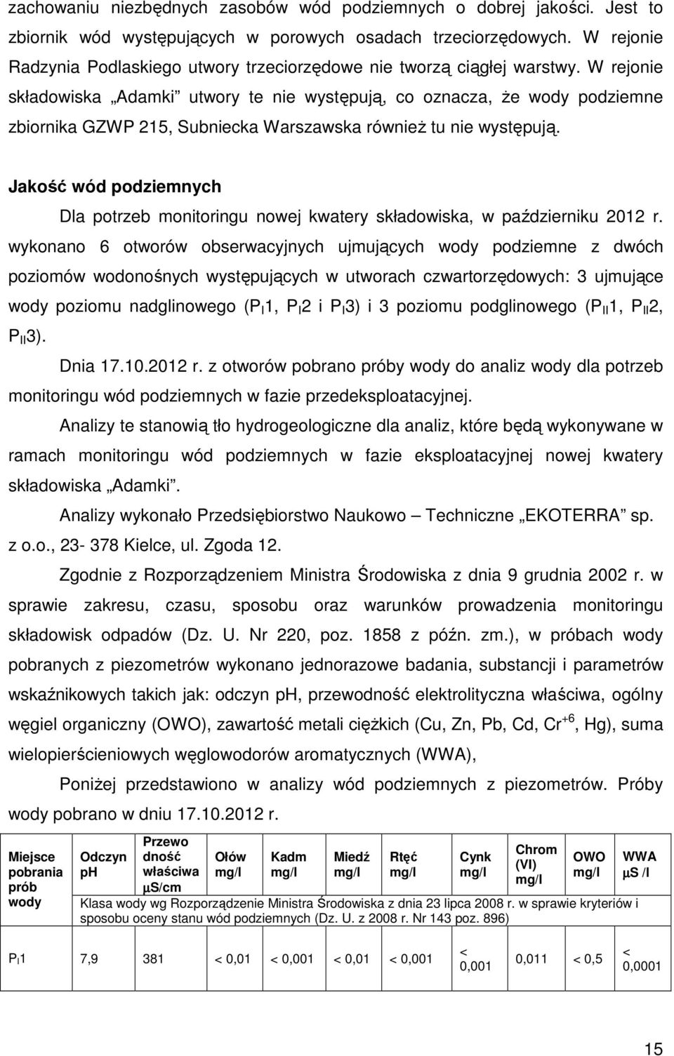 W rejonie składowiska Adamki utwory te nie występują, co oznacza, że wody podziemne zbiornika GZWP 215, Subniecka Warszawska również tu nie występują.