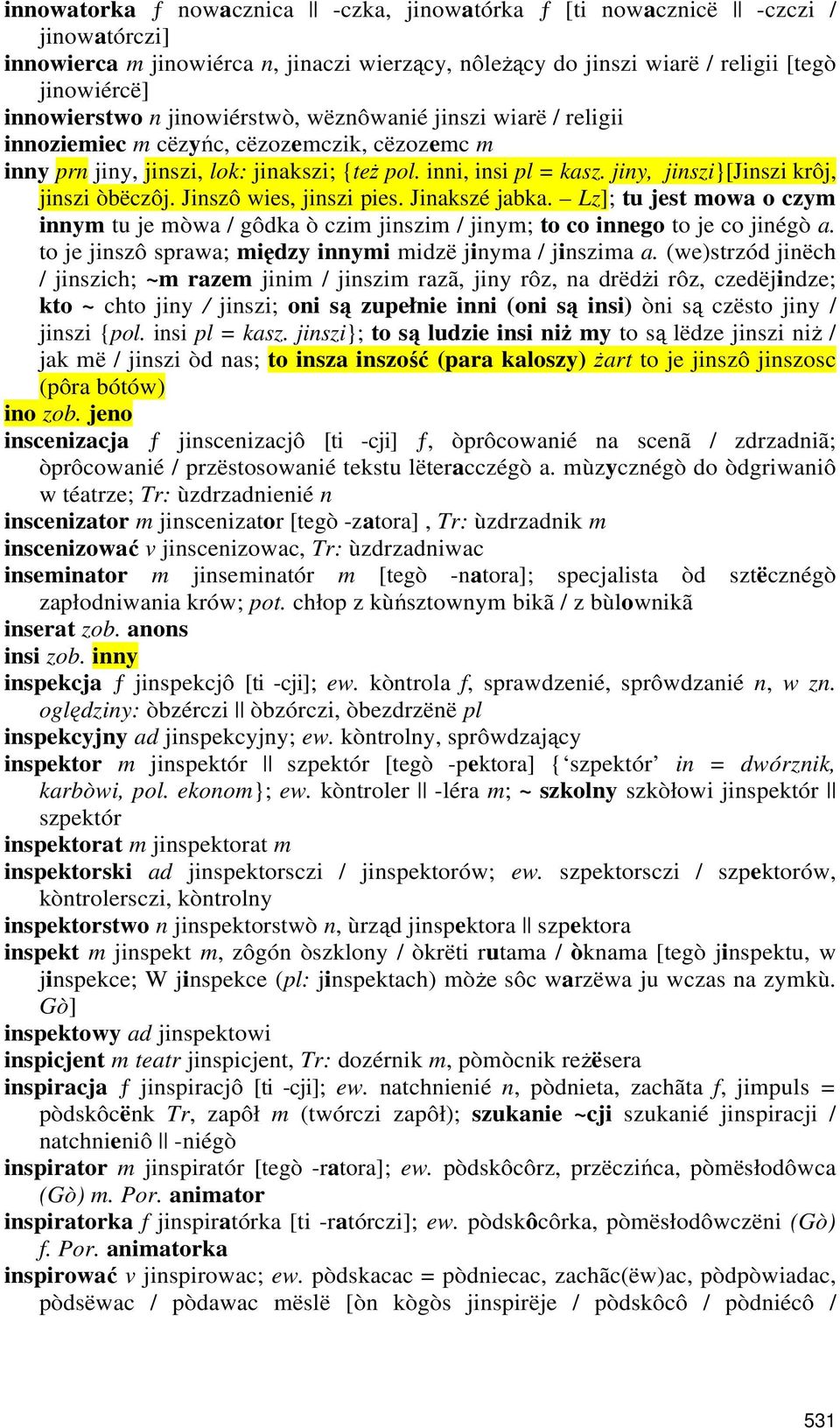 jiny, jinszi}[jinszi krôj, jinszi òbëczôj. Jinszô wies, jinszi pies. Jinakszé jabka. Lz]; tu jest mowa o czym innym tu je mòwa / gôdka ò czim jinszim / jinym; to co innego to je co jinégò a.