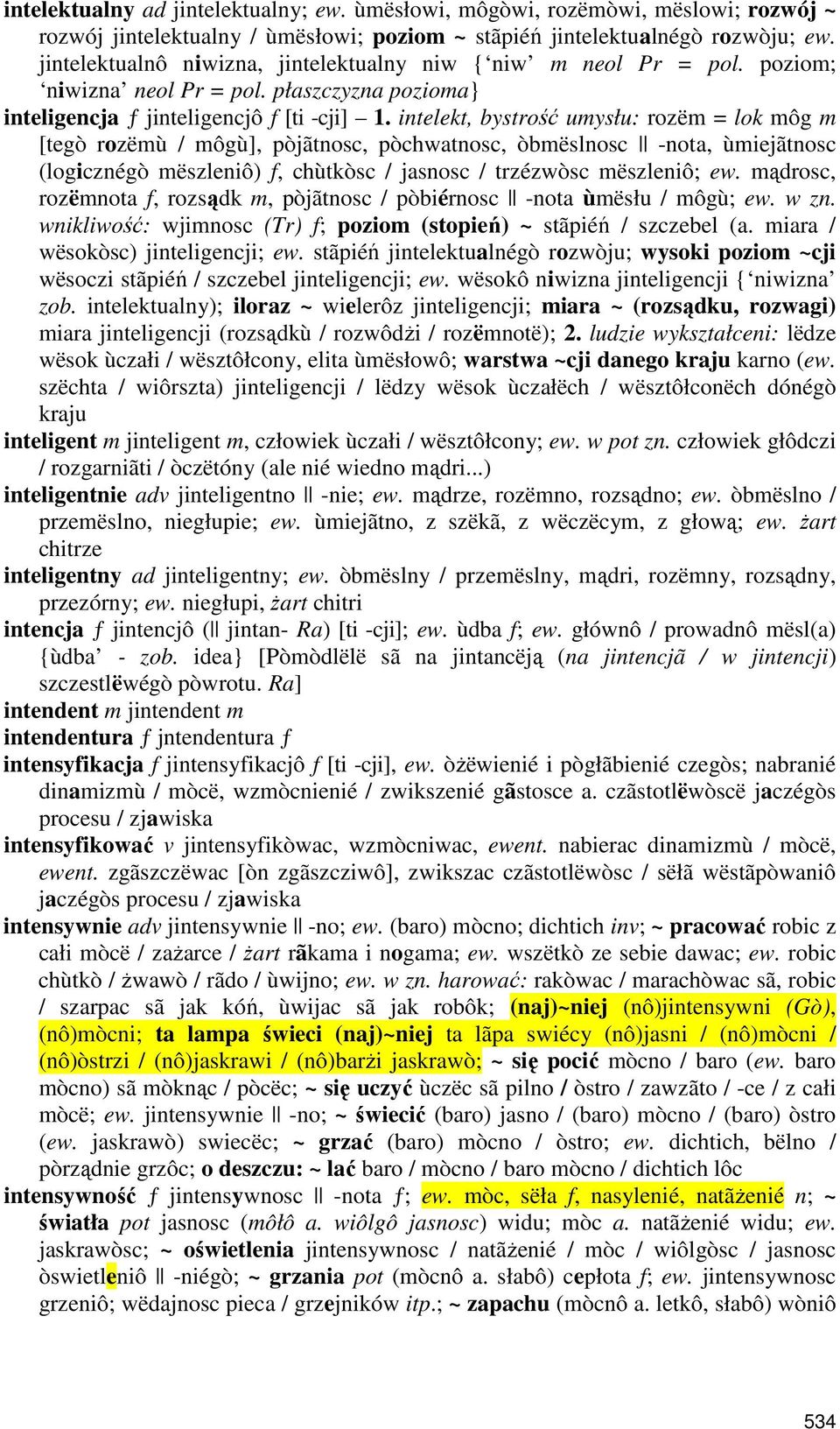 intelekt, bystrość umysłu: rozëm = lok môg m [tegò rozëmù / môgù], pòjãtnosc, pòchwatnosc, òbmëslnosc -nota, ùmiejãtnosc (logicznégò mëszleniô) f, chùtkòsc / jasnosc / trzézwòsc mëszleniô; ew.