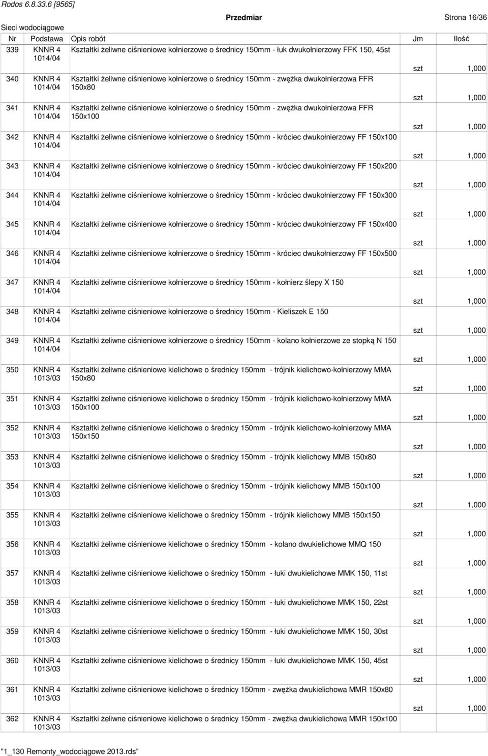 Kształtki żeliwne ciśnieniowe kołnierzowe o średnicy 150mm - łuk dwukołnierzowy FFK 150, 45st Kształtki żeliwne ciśnieniowe kołnierzowe o średnicy 150mm - zwężka dwukołnierzowa FFR 150x80 Kształtki