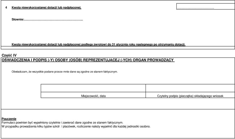 Część IV OŚWIADCZENIA I PODPIS (-Y) OSOBY (OSÓB) REPREZENTUJĄCEJ (-YCH) ORGAN PROWADZĄCY Oświadczam, że wszystkie podane przeze mnie dane są zgodne ze