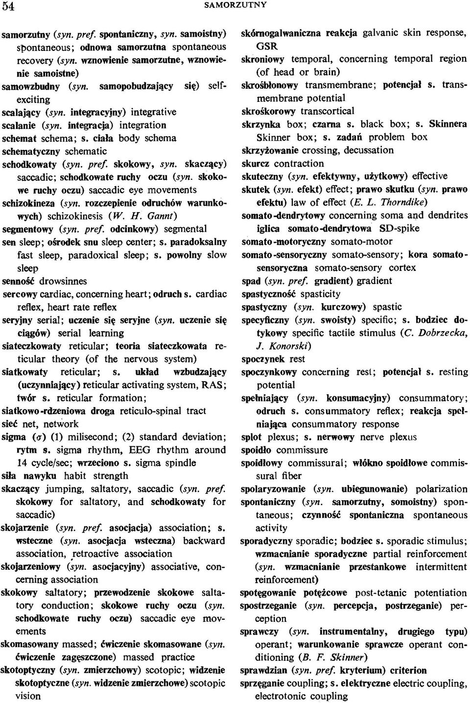 skokowy, syn. skaczący) saccadic; schodkowate ruchy oczu (syn. skokowe ruchy oczu) saccadic eye movements schizokineza (syn. rozczepienie odruchów warunkowych) schizokinesis (W. H.