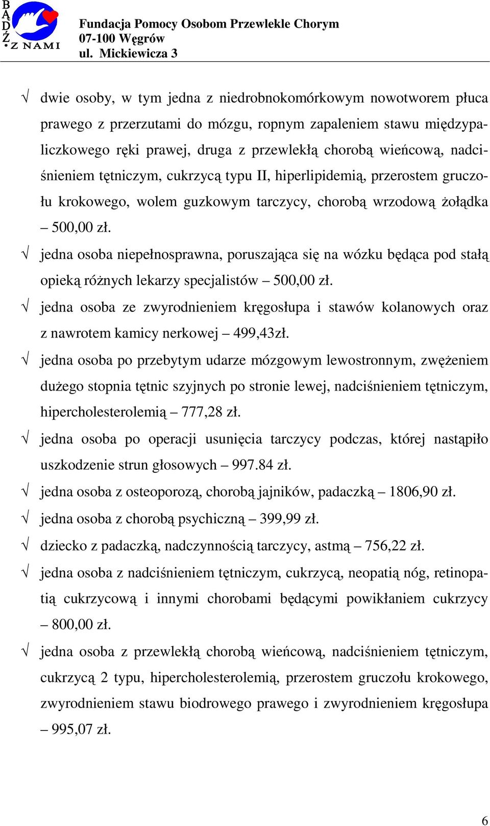 jedna osoba niepełnosprawna, poruszająca się na wózku będąca pod stałą opieką różnych lekarzy specjalistów 500,00 zł.