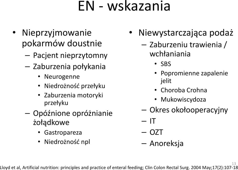 trawienia / wchłaniania SBS Popromienne zapalenie jelit Choroba Crohna Mukowiscydoza Okres okołooperacyjny IT OZT Anoreksja