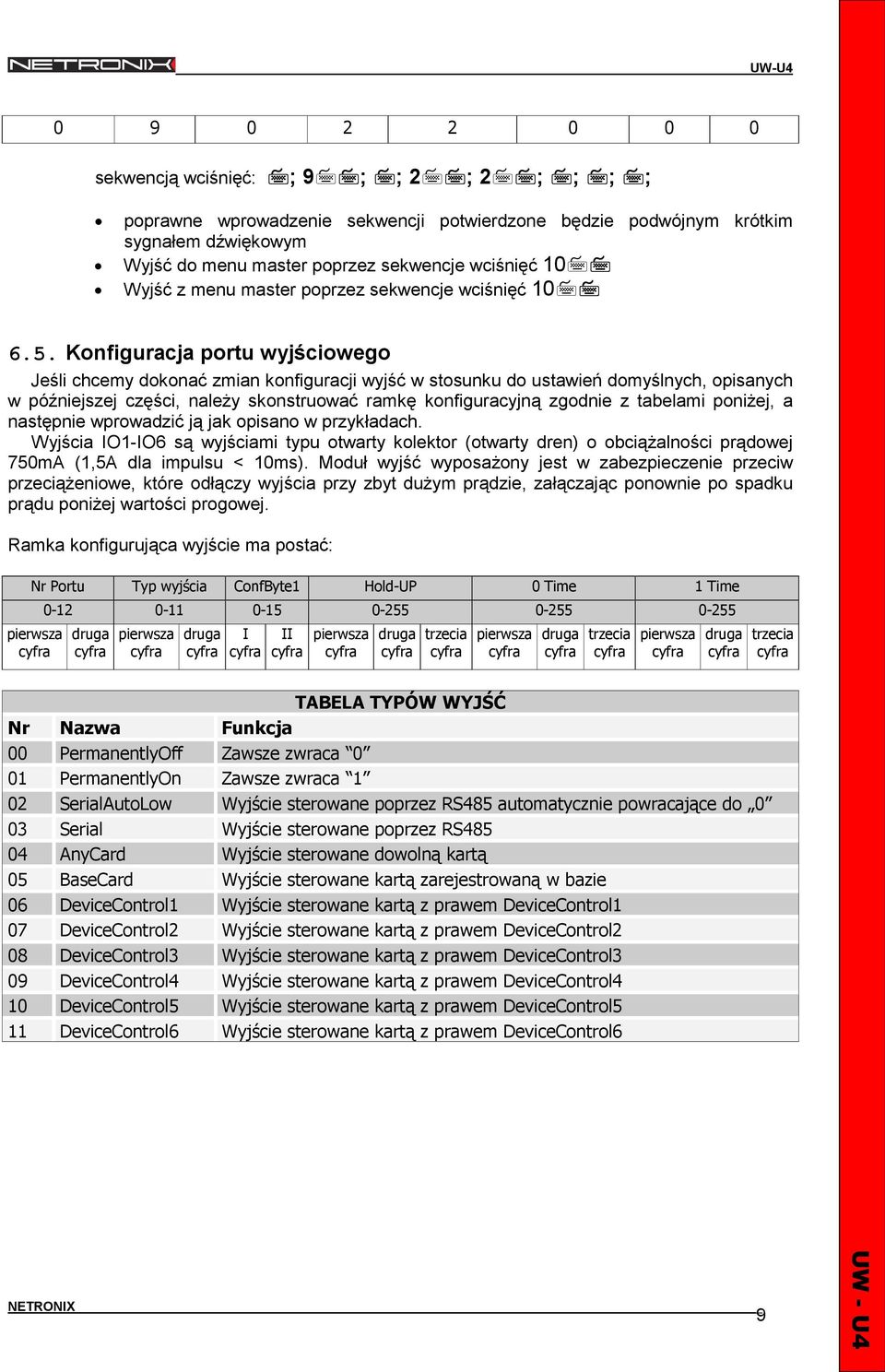 Konfiguracja portu wyjściowego Jeśli chcemy dokonać zmian konfiguracji wyjść w stosunku do ustawień domyślnych, opisanych w późniejszej części, naleŝy skonstruować ramkę konfiguracyjną zgodnie z