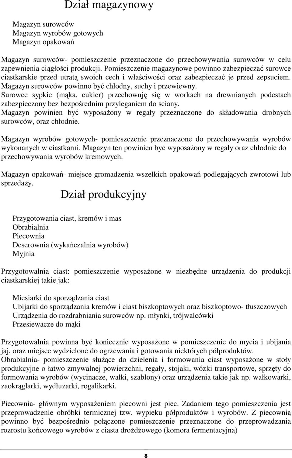 Magazyn surowców powinno być chłodny, suchy i przewiewny. Surowce sypkie (mąka, cukier) przechowuję się w workach na drewnianych podestach zabezpieczony bez bezpośrednim przyleganiem do ściany.