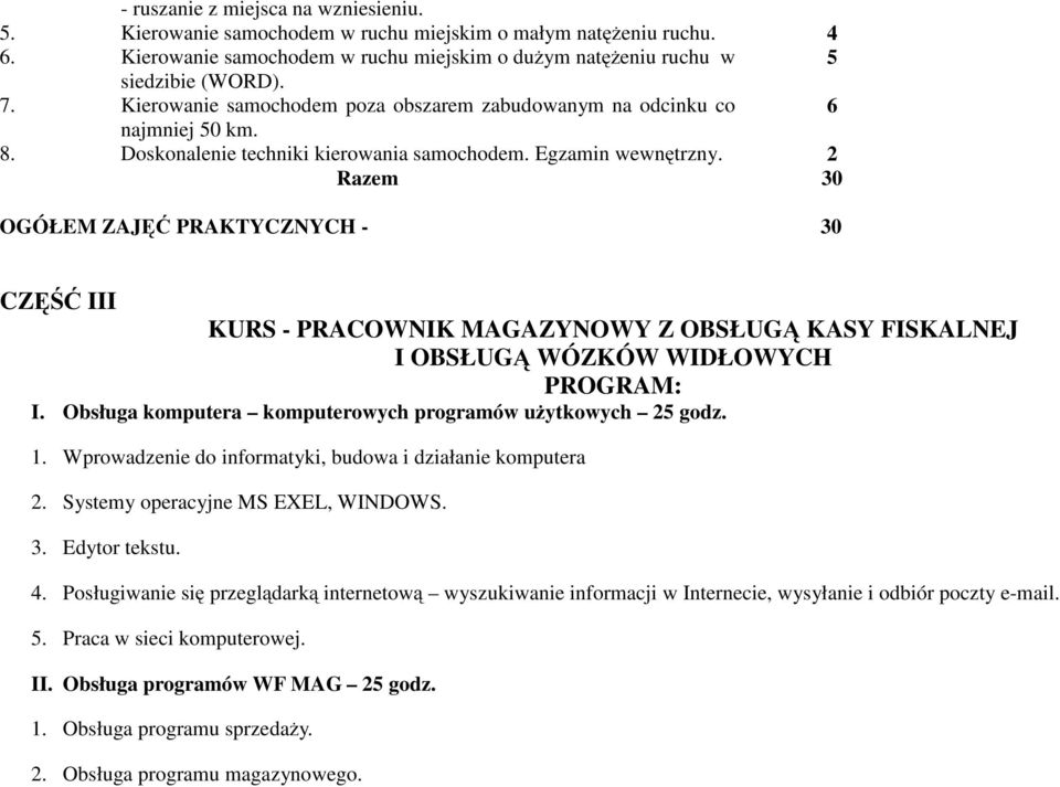 2 Razem 30 OGÓŁEM ZAJĘĆ PRAKTYCZNYCH - 30 CZĘŚĆ III KURS - PRACOWNIK MAGAZYNOWY Z OBSŁUGĄ KASY FISKALNEJ I OBSŁUGĄ WÓZKÓW WIDŁOWYCH PROGRAM: I.