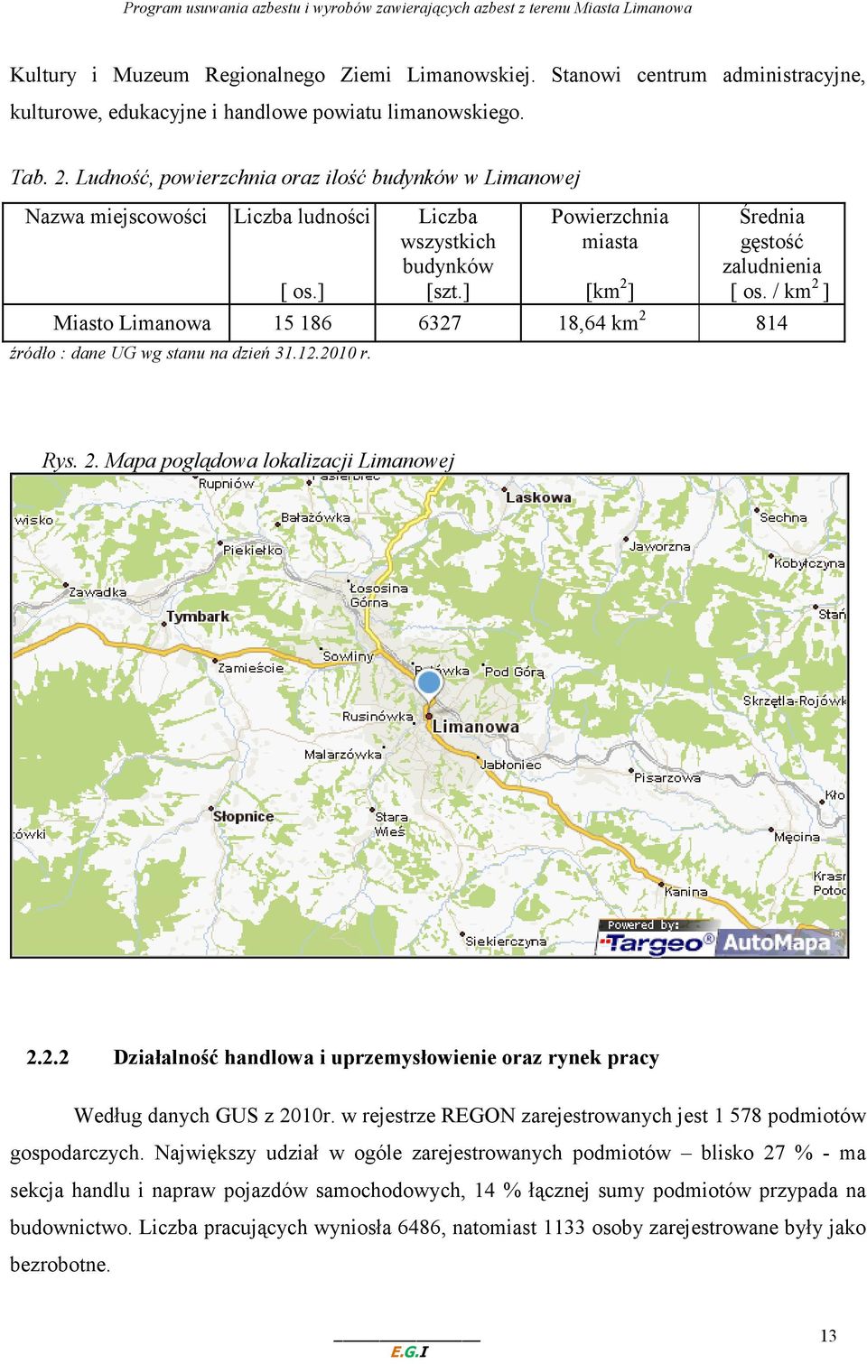 / km 2 ] Miasto Limanowa 15 186 6327 18,64 km 2 814 źródło : dane UG wg stanu na dzień 31.12.2010 r. Rys. 2. Mapa poglądowa lokalizacji Limanowej 2.2.2 Działalność handlowa i uprzemysłowienie oraz rynek pracy Według danych GUS z 2010r.