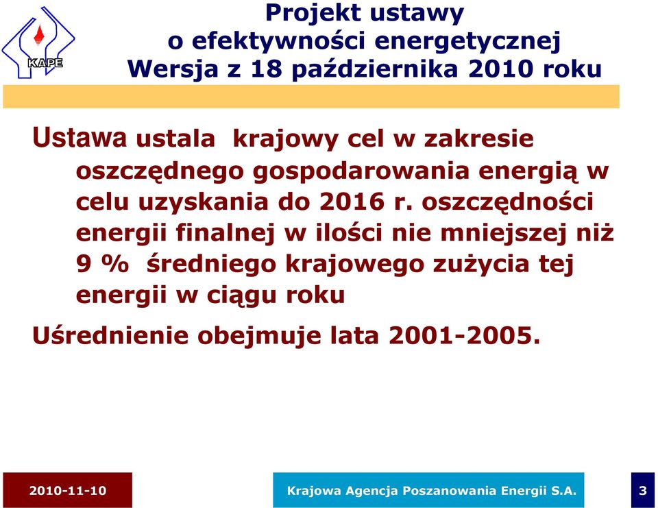 oszczędności energii finalnej w ilości nie mniejszej niŝ 9 % średniego krajowego zuŝycia tej